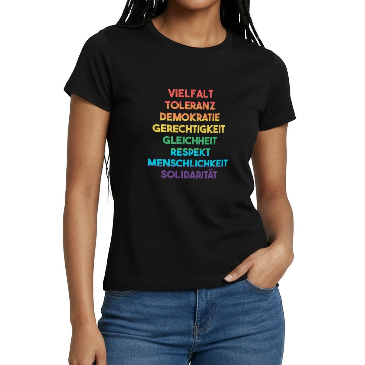 T-Shirt Demokratie - Vielfalt, Toleranz, Respekt Regenbogenfarben Transparent
