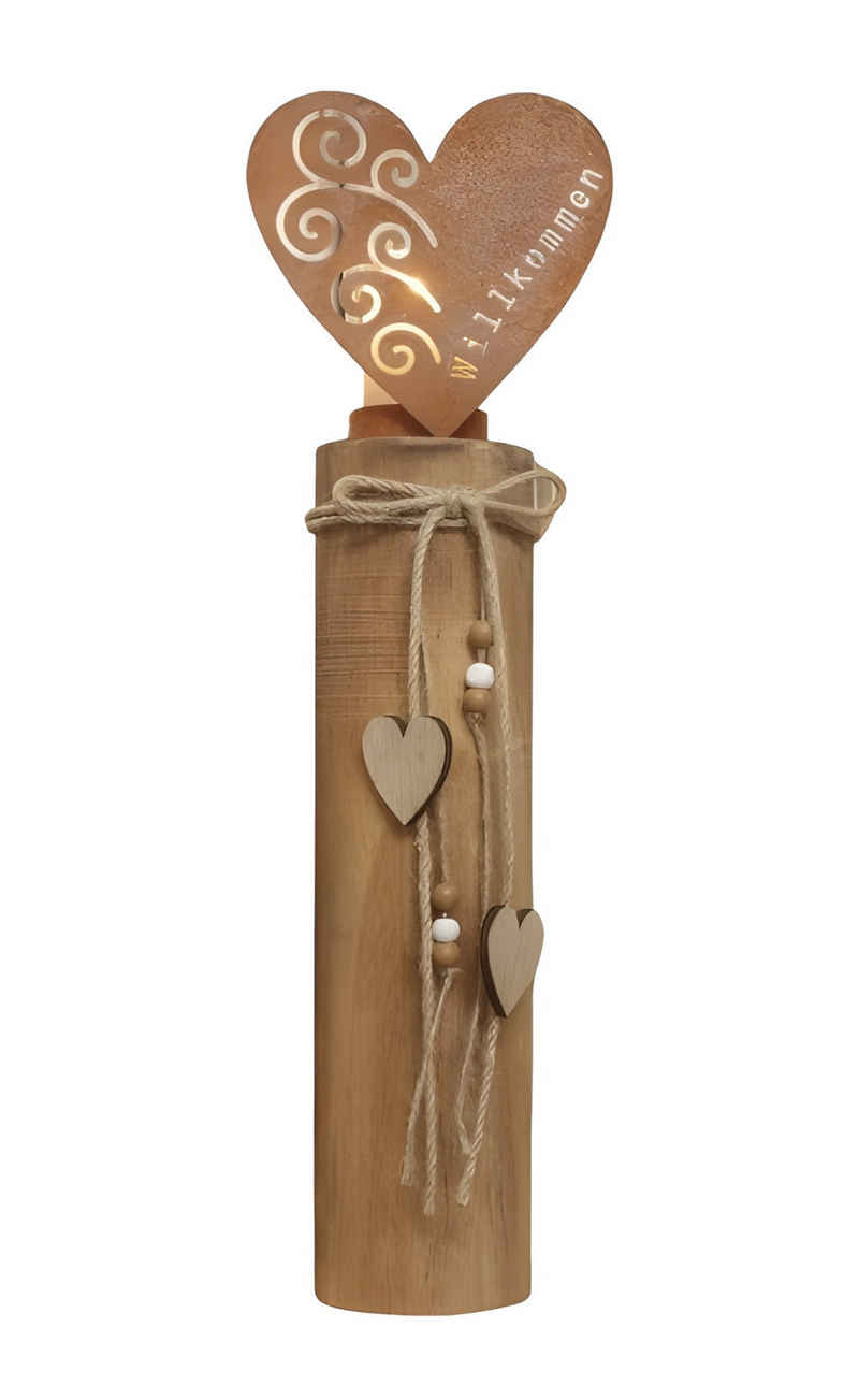 Dekoleidenschaft Bodenwindlicht Windlichtsäule "Herz" aus Holz & Metall mit Echtrost, 44 cm hoch, Holzsäule, Dekosäule mit Kerzenglas, Rostdeko, Herzdeko, Kerzensäule