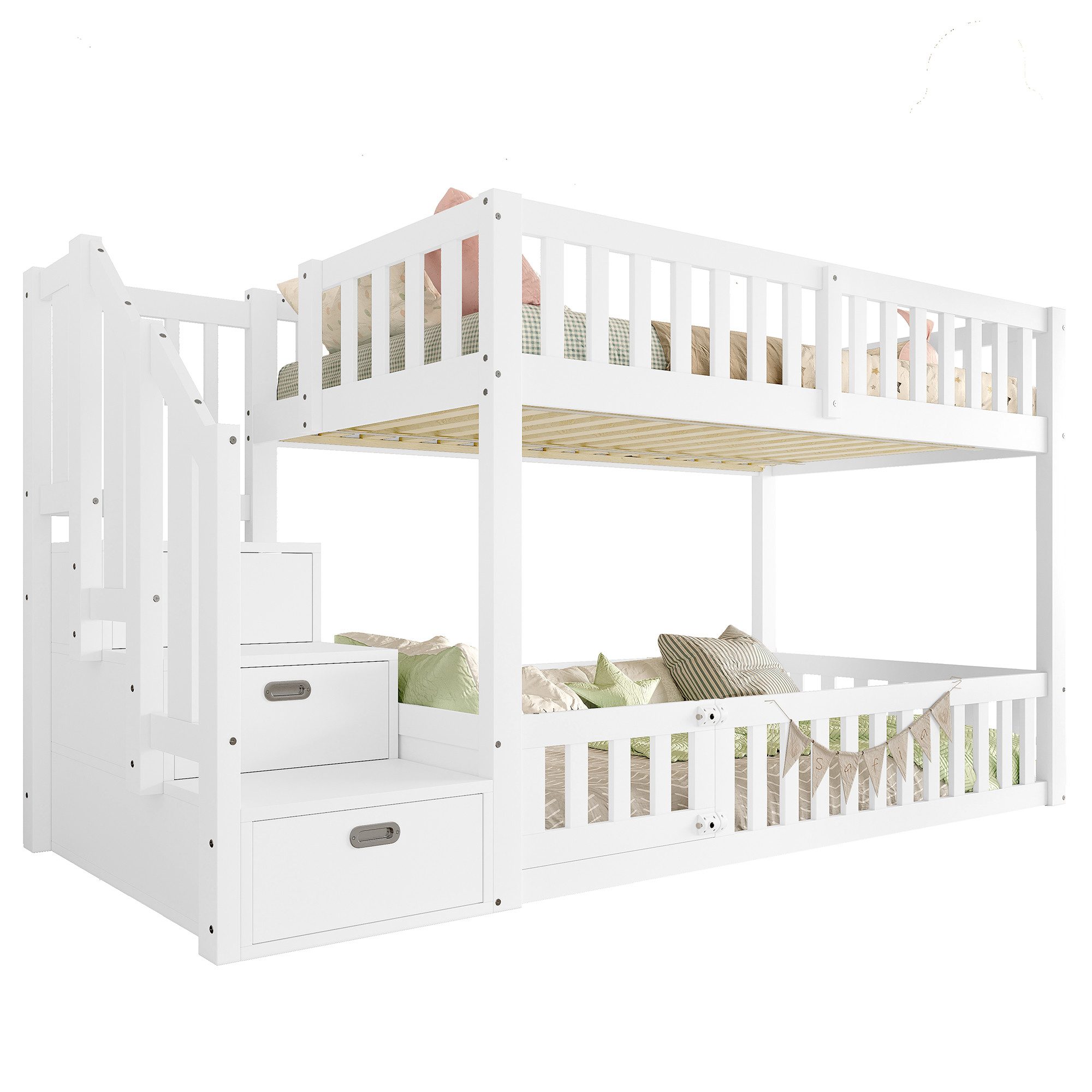MODFU Etagenbett für Schlafzimmer, Kinderzimmer & Gästezimmer (mit Leiter, Kinder- & Jugendbett mit Geländer und Tür, Massivholz, Weiß, 1-St., 90x200cm), mit Stauraum