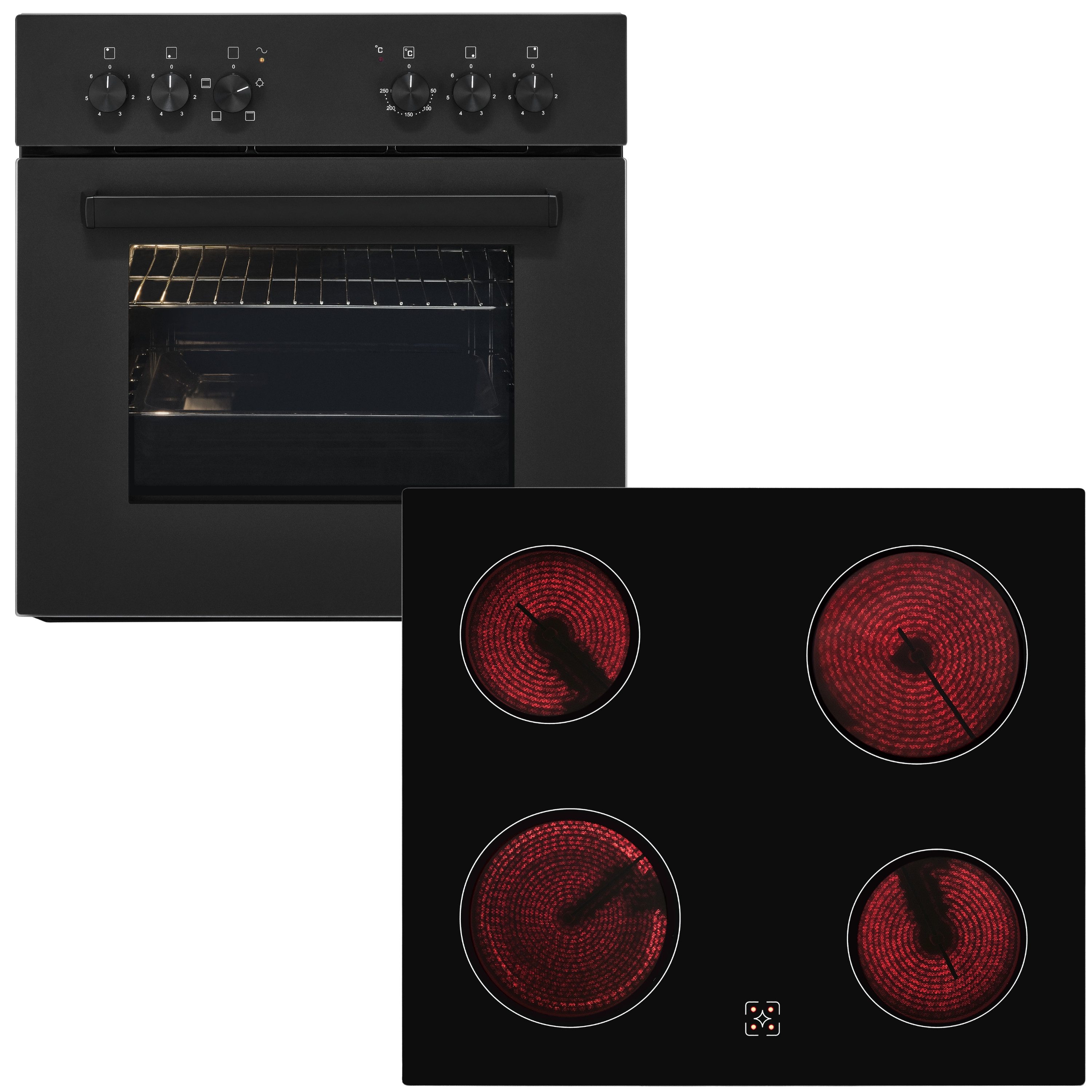 exquisit Backofen-Set EHE346-120 Set mattschwarz, Ober&Unterhitze mit 4-Zonen-Glaskeramikkochfeld – einfach & sicher!