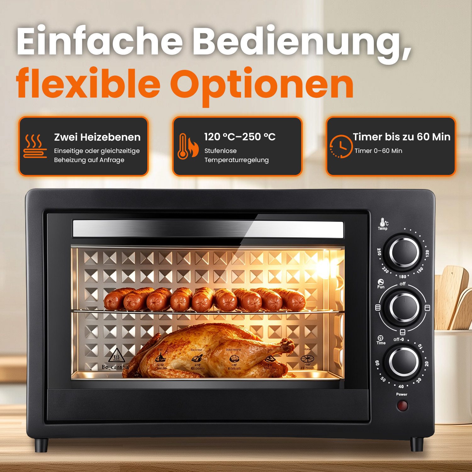 CkeyiN Pro Minibackofen 42 L,Kleiner Backofen,Camping Ofen,Ober-/Unterhitze, Pizzaofen 100-250°C,60 min Timer,mit Backblech