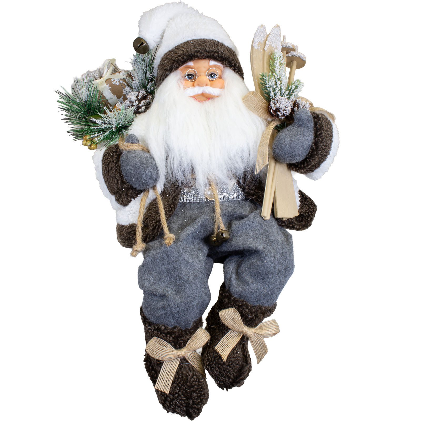 Christmas Paradise Weihnachtsmann Santa 45cm Kantenhocker (Dekofigur, 1 St., Weihnachtsdeko), mit weißem Teddy-Mantel, flauschigem Bart & Ski