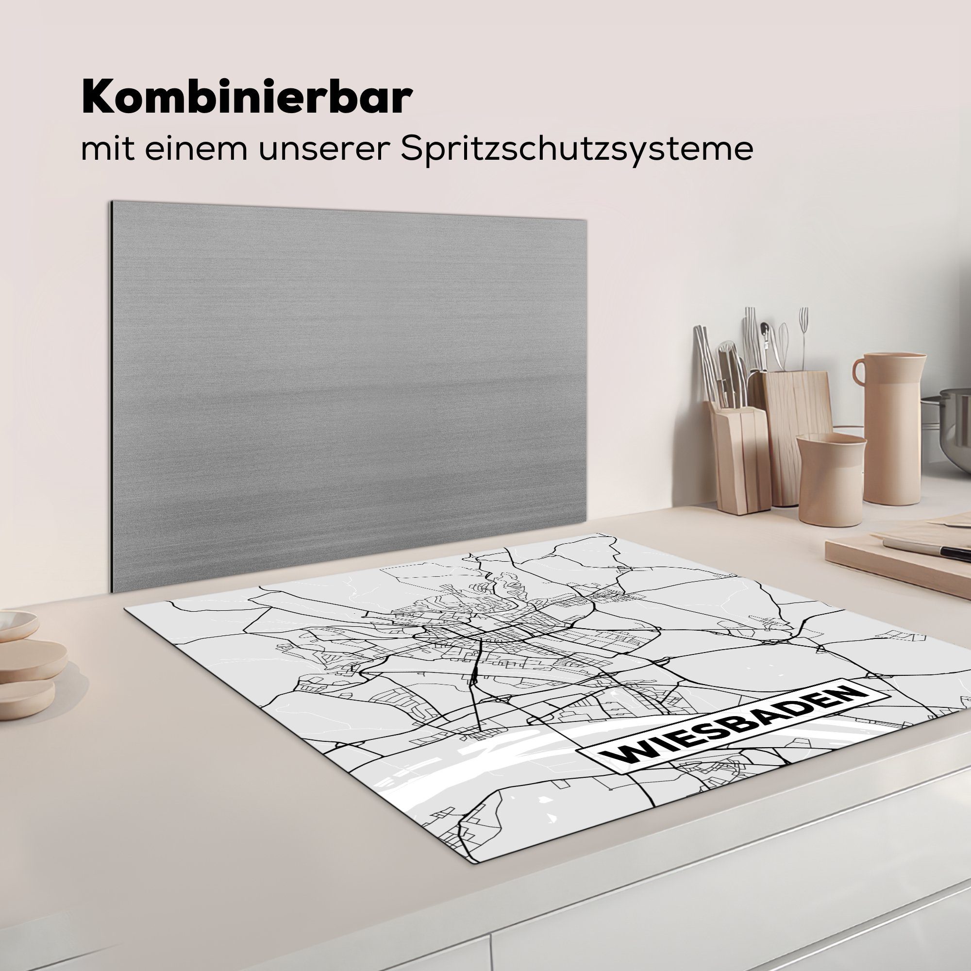 Ceranfeldabdeckung, Arbeitsplatte Deutschland Vinyl, Karte, für (1 cm, Stadtplan Herdblende-/Abdeckplatte tlg), - MuchoWow küche - Wiesbaden - Karte - 78x78