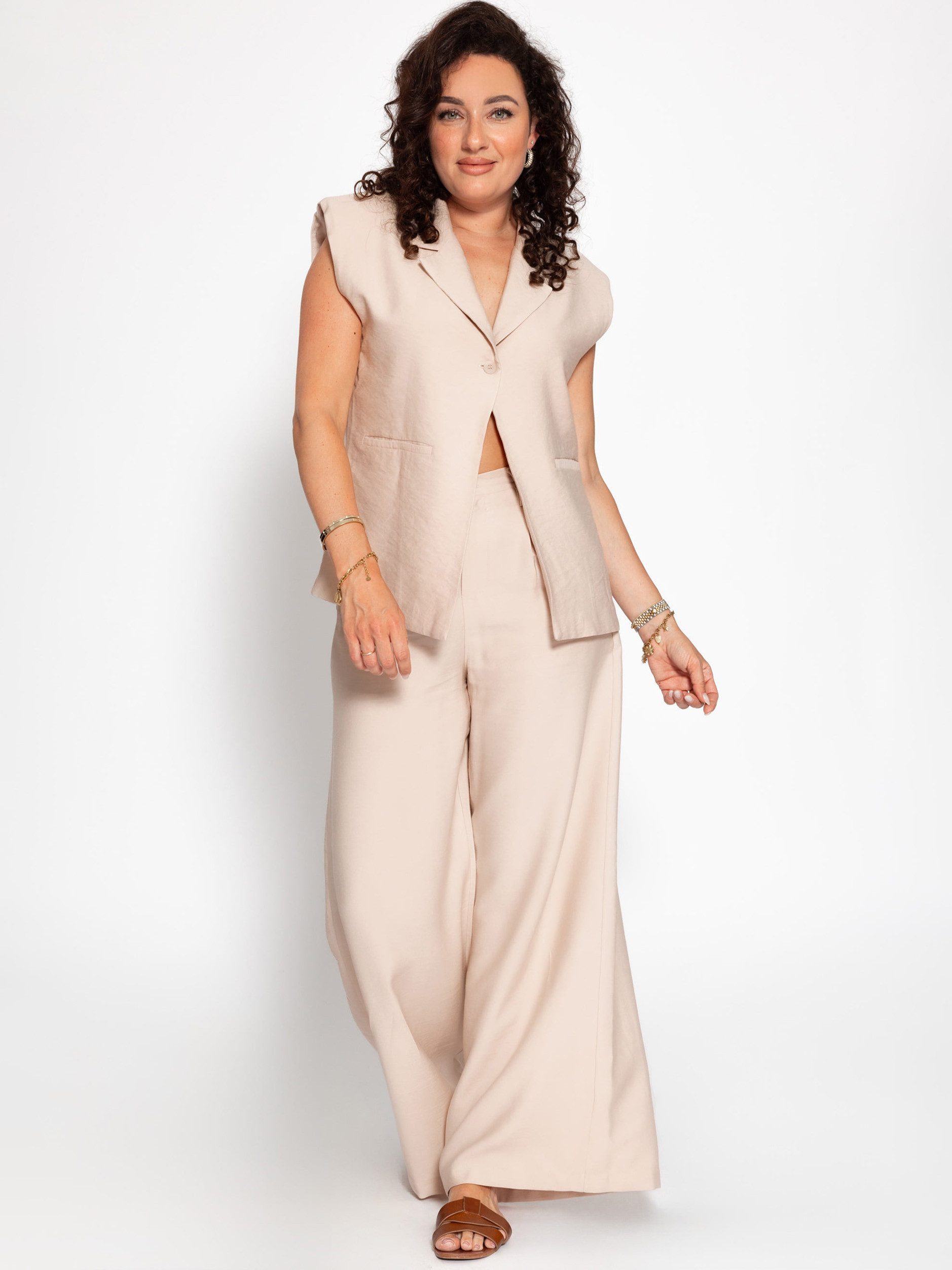 SASSYCLASSY Kurzweste Oversize Anzugweste für Damen Elegante Weste mit Schulterpolster und Leistentaschen Beige