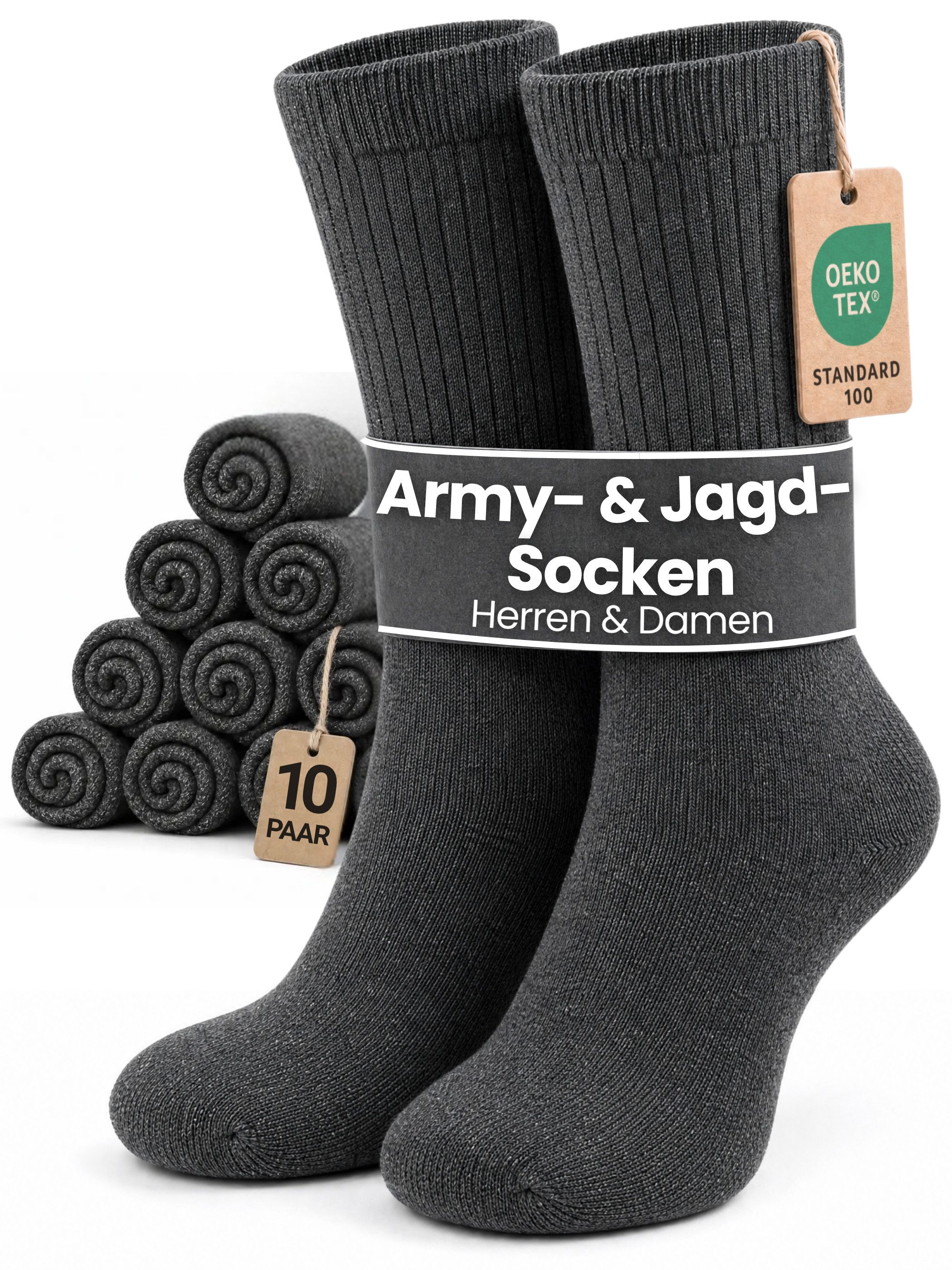 GAWILO Freizeitsocken für Outdoor Aktivitäten z.B. Jagd, Wandern oder Army mit Rippschaft (10 Paar) aus strapazierfähiger Baumwolle
