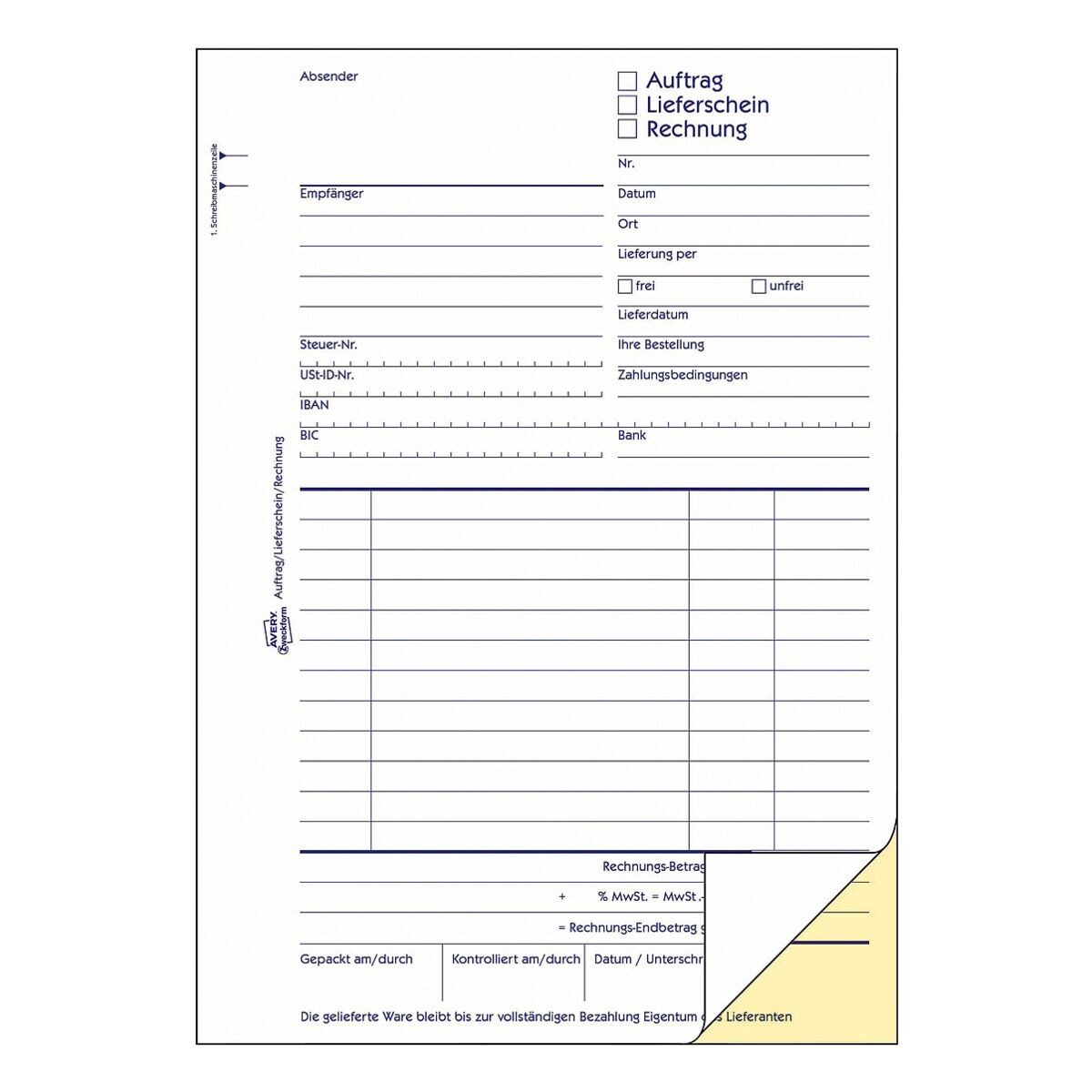 Avery Zweckform Formularblock Auftrag/Lieferschein/Rechnung, 2-fach, selbstdurchschreibend, A5