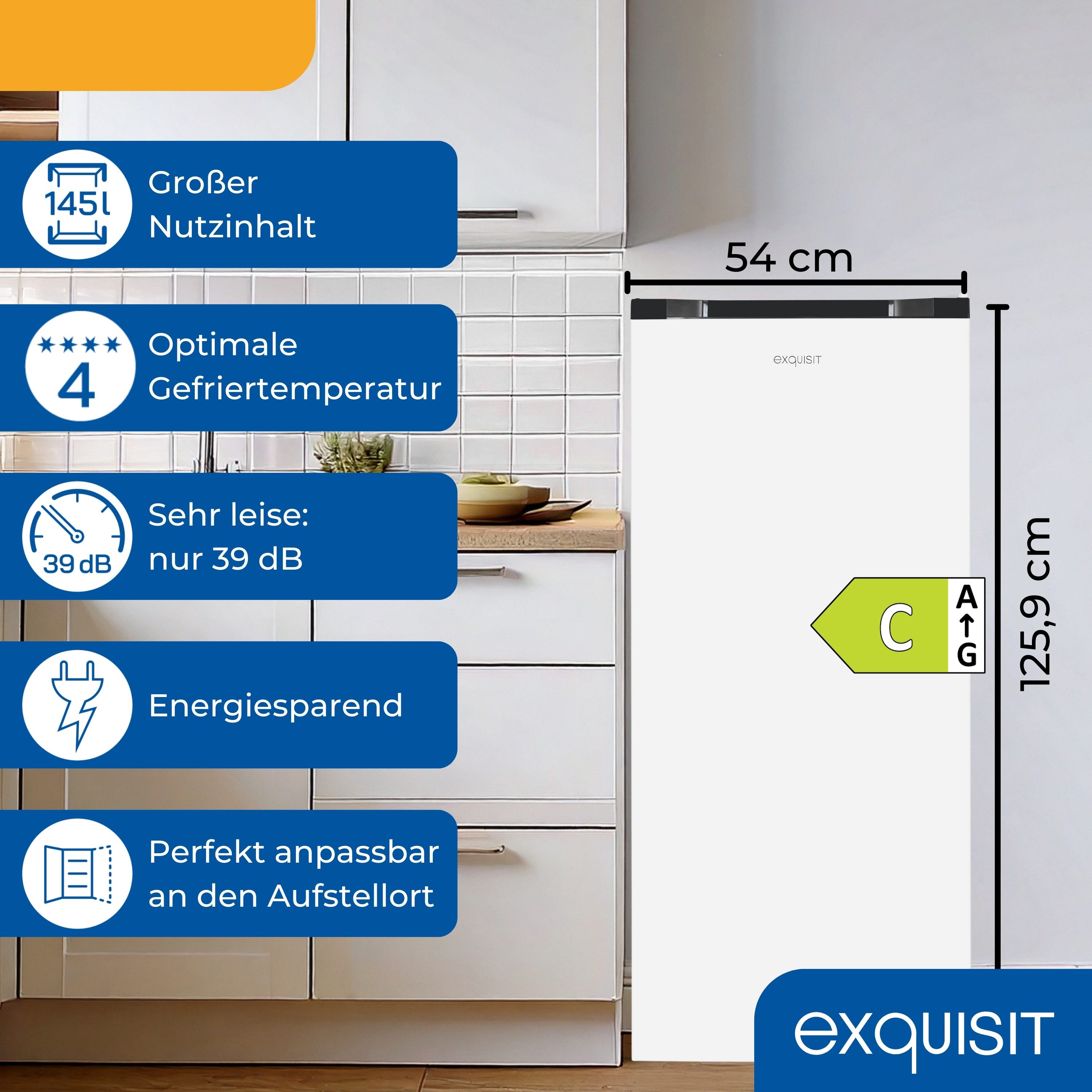 exquisit Gefrierschrank GS5145-050C, 125.9 cm hoch, 54 cm breit,4-Sterne-Gefrieren, Wechselbarer Türanschlag, höhenverstellbare Füße