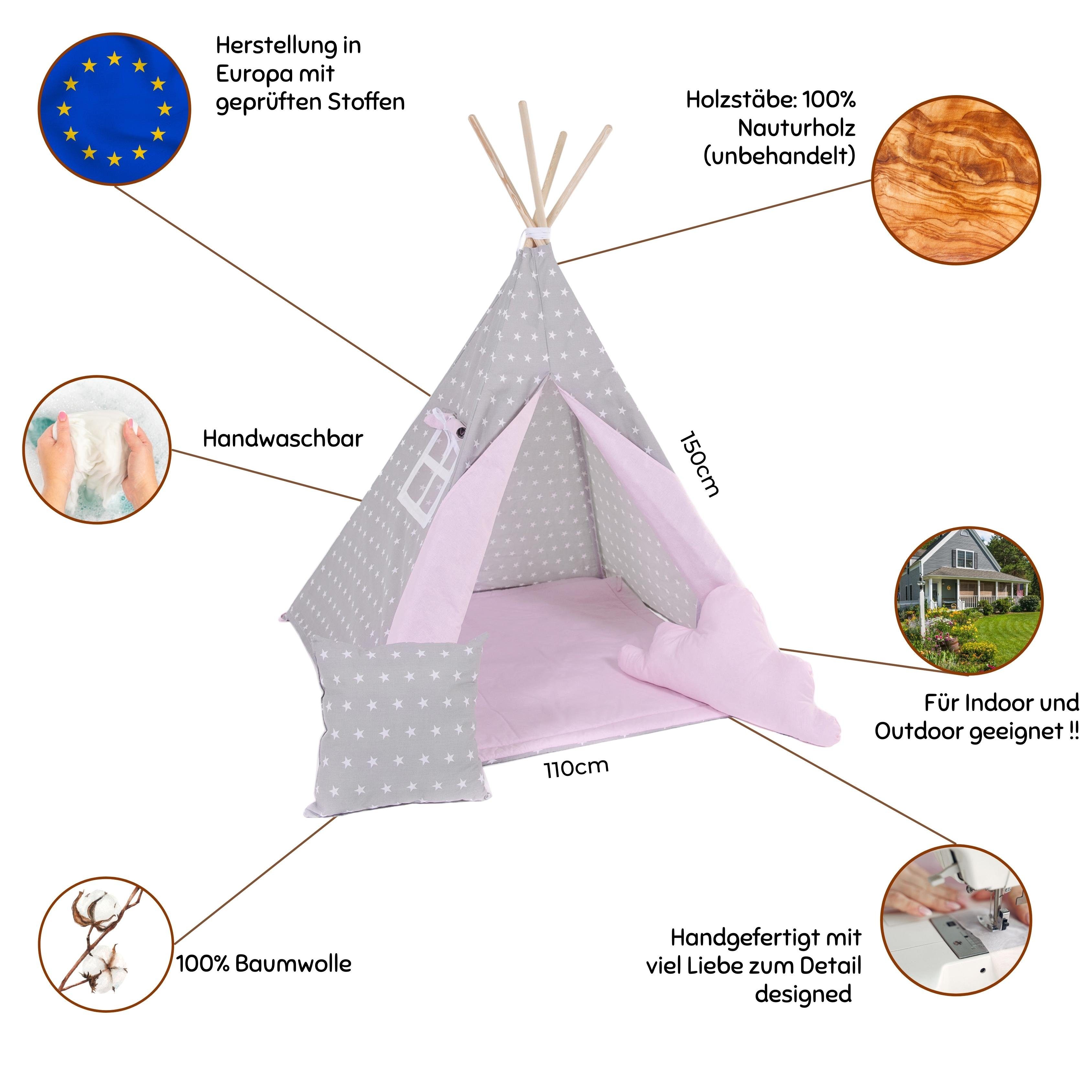 Rainbow Kids Tipi-Zelt Grauer Stern, Personen: 2 (mit kleinem Zubehör, 8 tlg., mit 2 Kissen und Matte)