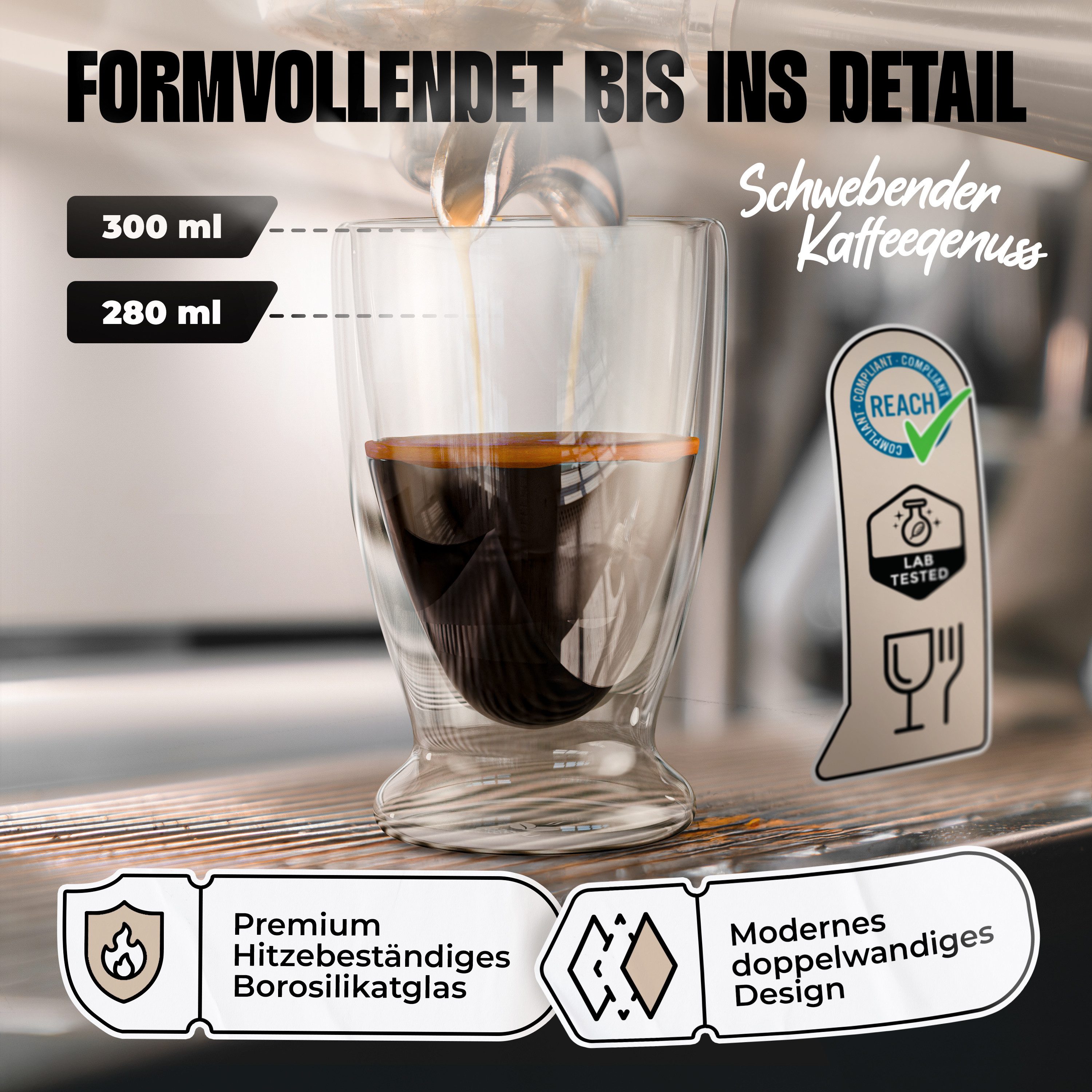 LAPRESO Latte-Macchiato-Glas Doppelwandig Thermogläser Kaffeegläser Set 300 ml, 7-tlg., Borosilikatglas, 6er Set