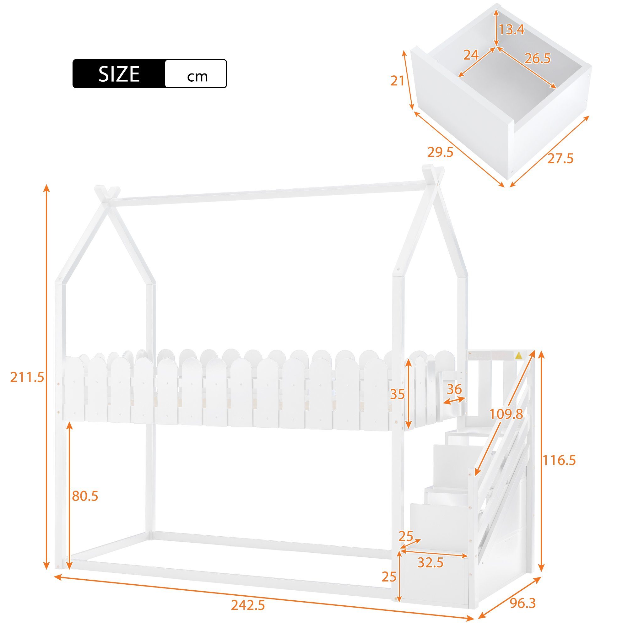 Hausbett weiß 90x200cm Flieks Schubladen Kiefer Hochbett Kinderbett 2 Etagenbett,