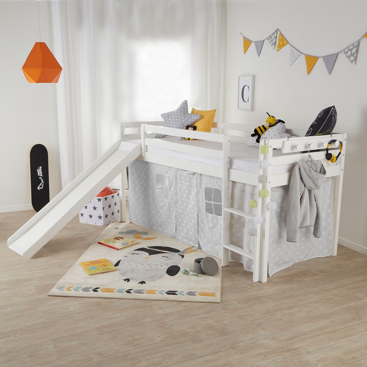 Homestyle4u Hochbett 90x200 Kinderbett Spielbett Kiefer massiv mit Rutsche günstig online kaufen