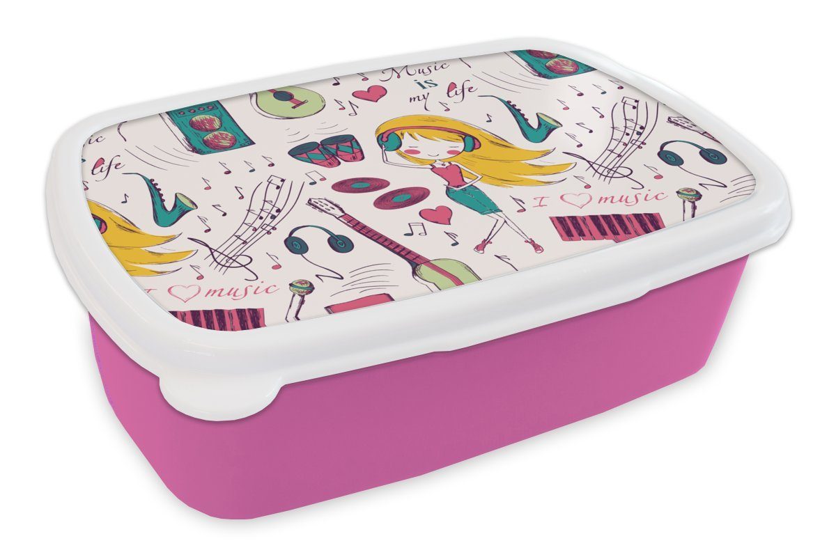 MuchoWow Lunchbox Mädchen - Musik - Kopfhörer - Muster - Mädchen - Rosa - Kinder - Kind, Kunststoff, (2-tlg), Brotbox für Erwachsene, Brotdose Kinder, Snackbox, Mädchen, Kunststoff