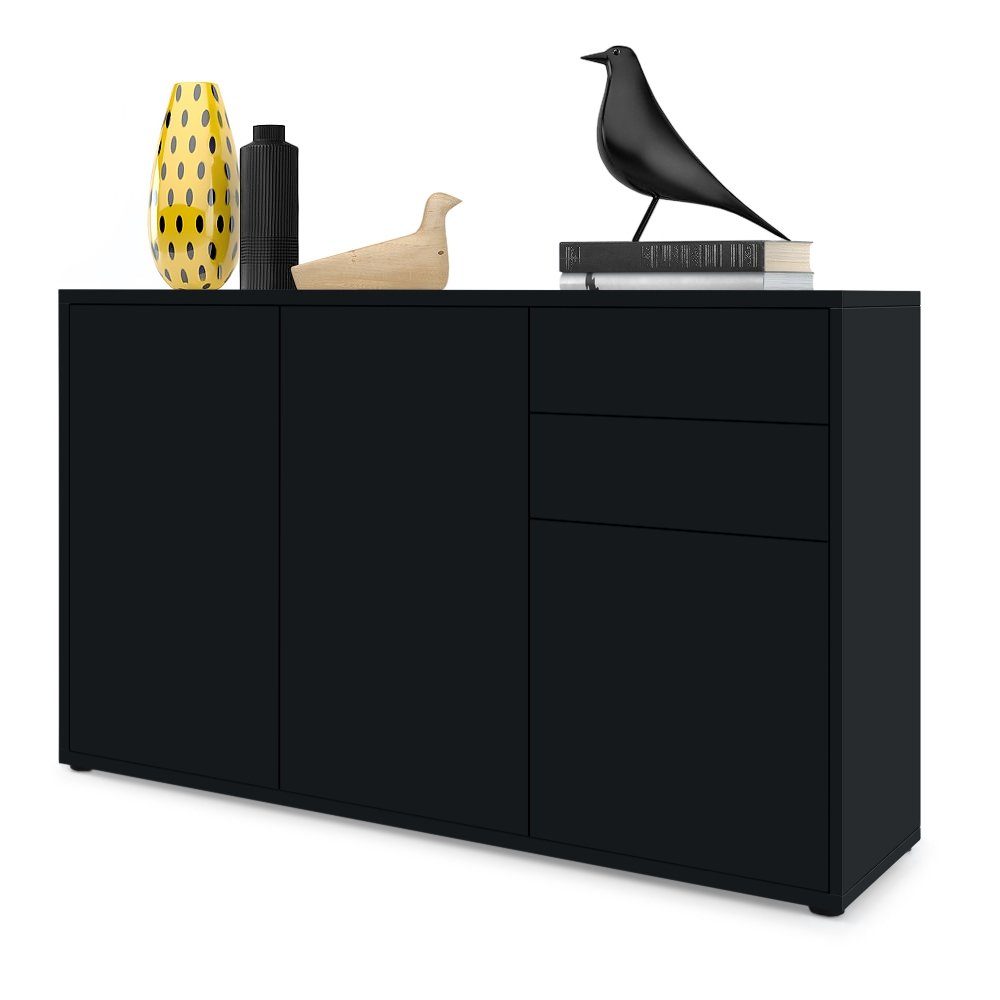 Vladon Kommode Ben V3 (Kommode, mit 3 Türen und 2 Schubladen), Schwarz matt/Schwarz matt (117 x 74 x 36 cm)