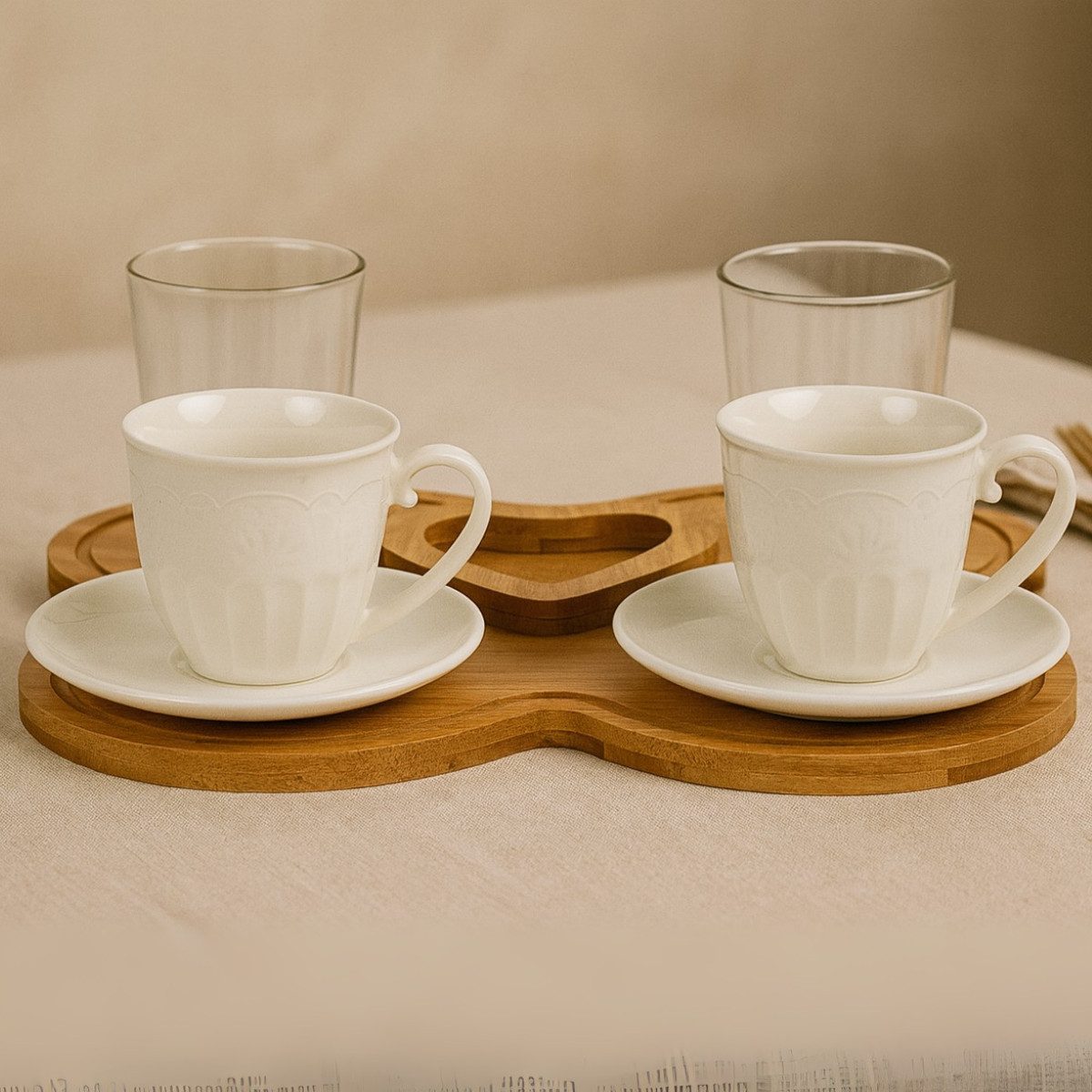 Bricard Espressotasse Set 2 Personen inkl. Untertasse und Holz-Tablett Weiß