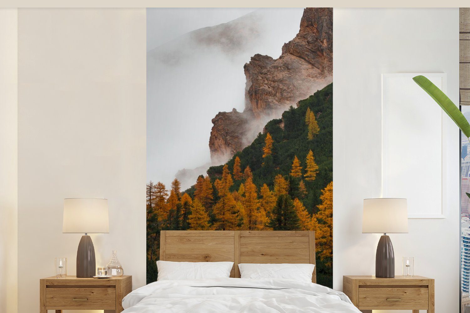 MuchoWow Fototapete Kiefer - Herbst - Berg - Landschaft, Matt, bedruckt, (2 St), Vliestapete für Wohnzimmer Schlafzimmer Küche, Fototapete