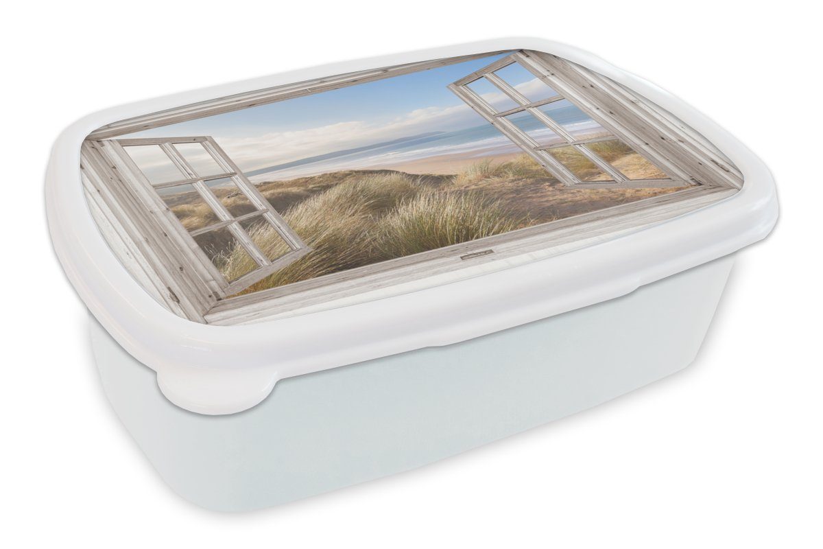 MuchoWow Lunchbox Durchblick - Strand - Erwachsene, Mädchen Brotdose, - Strandgras für - Jungs (2-tlg), weiß - Kinder und Kunststoff, Meer Blau, - und Brotbox Dünen für Sand