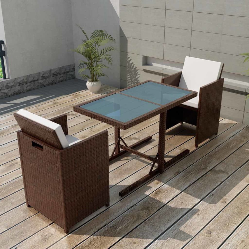 furnicato Garten-Essgruppe Rattan-Essgruppe Braun 110x53x72 cm mit 2 Stühlen und 4 Kissen, (1-tlg), Wetterfestes Gartenset mit Glasplatte und waschbaren Polstern