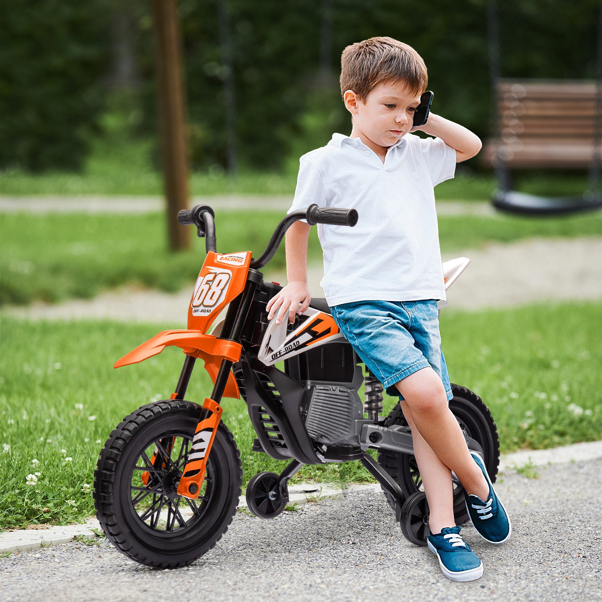 AIYAPLAY Elektro-Kindermotorrad 12V, mit Musik, abnehmbar Trainingsrädern, 2,4-5 km/h, Belastbarkeit 30 kg, (1-tlg), für 3-6 Jahre Kinder, max. 30 kg, Orange