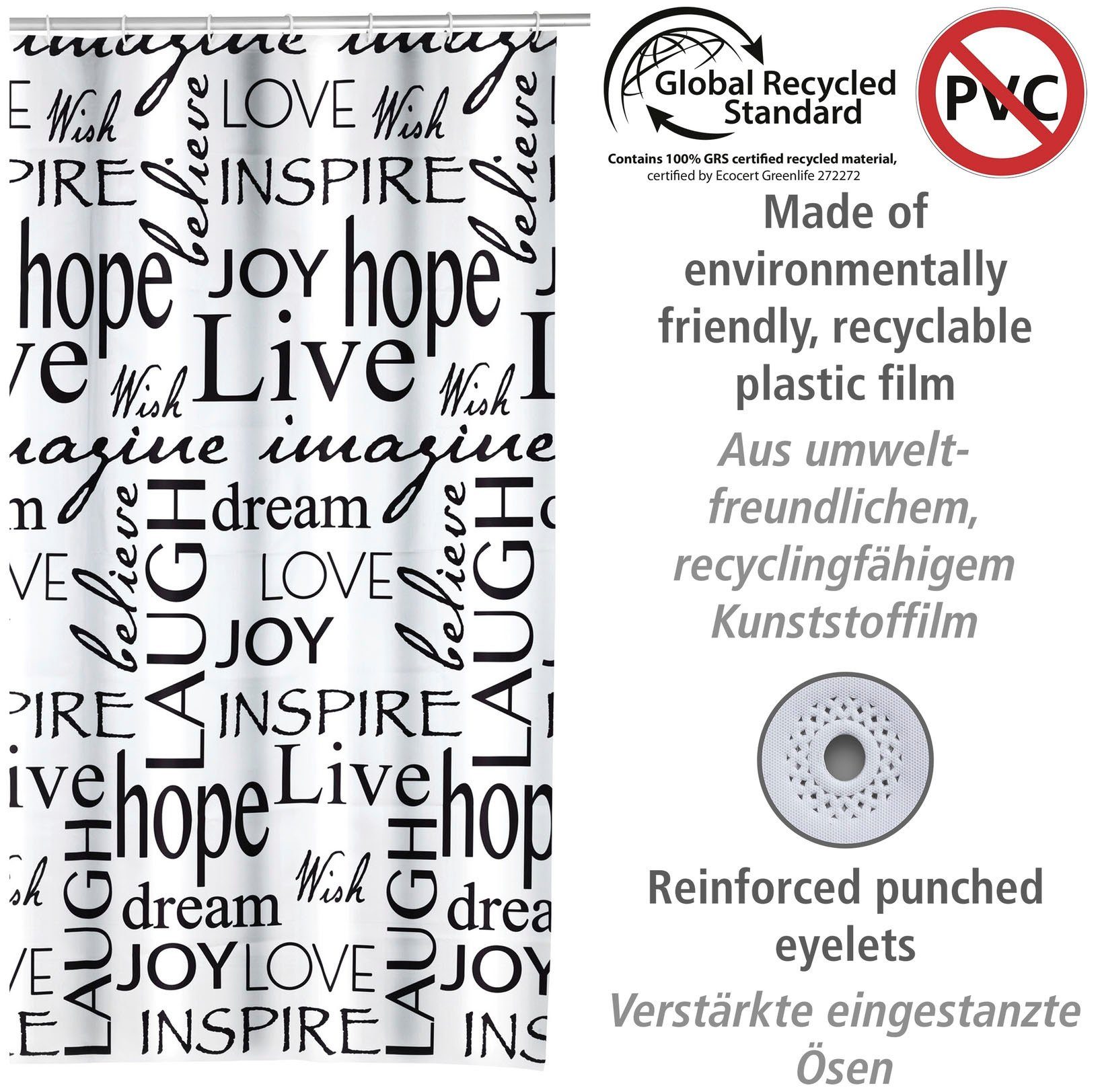 WENKO Duschvorhang Live Breite 180 cm, Höhe 200 cm, mit Schriftzug-Motiv