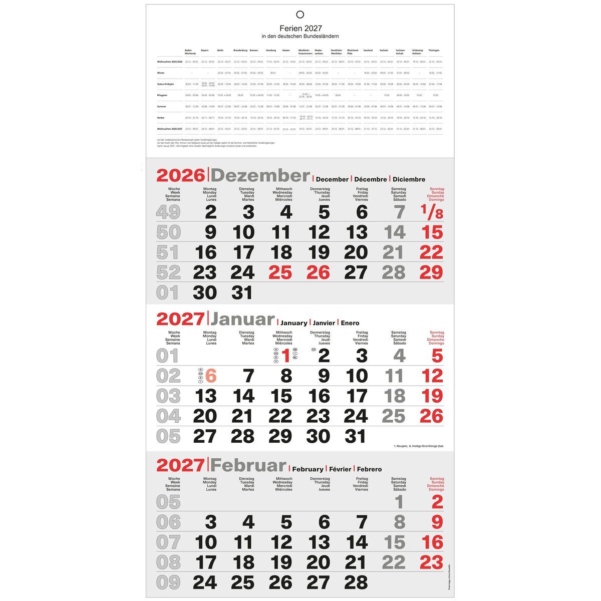 GÜSS Kalender Wandkalender 3-Monatskalender 23,5x48,5cm Kalendarium 2027