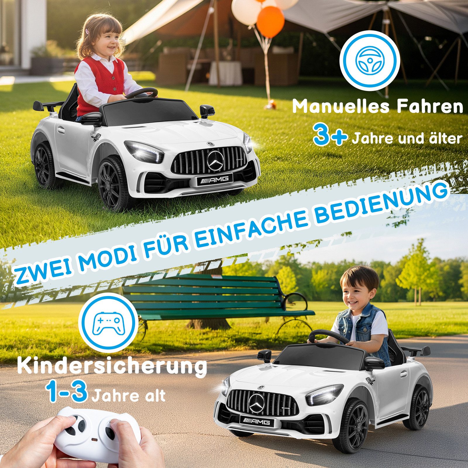 LALAHO Elektro-Kinderauto Elektroauto Kinderauto Benz Mercedes AMG GTR, 2,4G Fernbedienung, 12V,4.5 Ah, Fernsteuerung 2,4GHz,2 x35W Motors,Bluetooth,Musik,USB