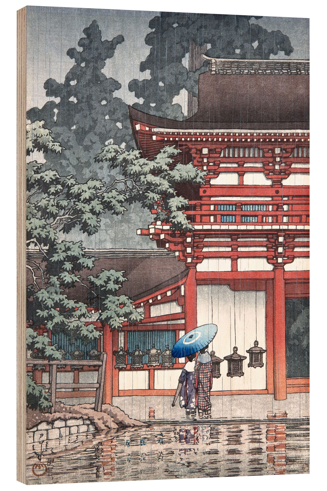 Posterlounge Holzbild Kawase Hasui, Leichter Regen an einem Tempel, Wohnzimmer Malerei