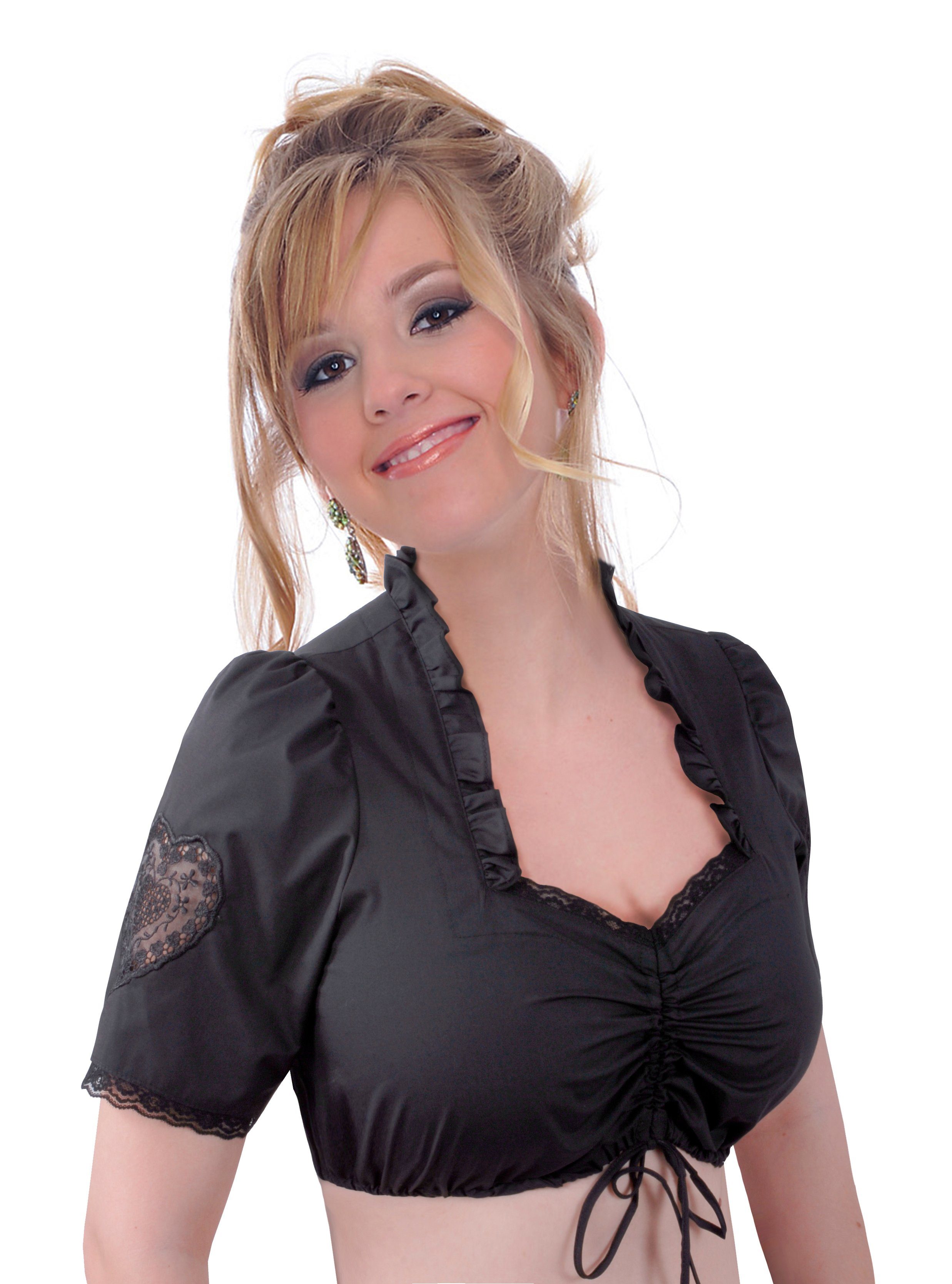 Moschen-Bayern Dirndlbluse Dirndlbluse Damen Trachtenbluse zum Dirndl Kurzarm mit Rüschen + Spitze festlich Schwarz Herz, Trachtenbluse, Bluse, Spitzen, festlich, Rüschenbluse, elegant, Dirndlbluse