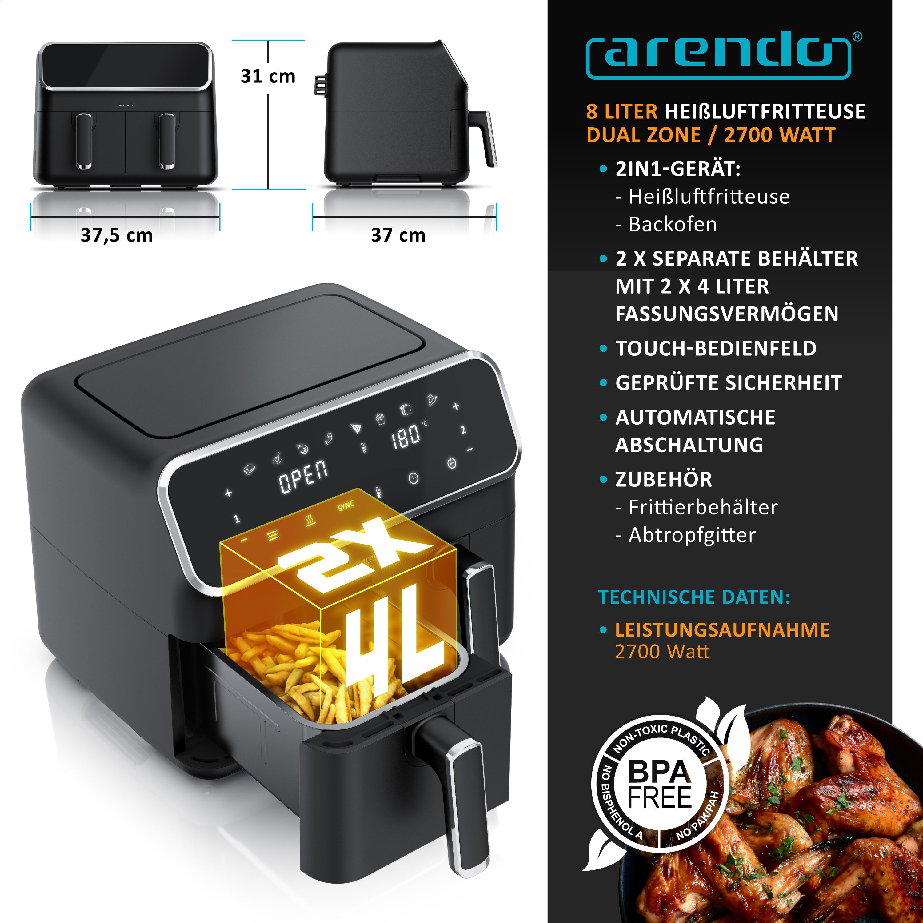 Arendo Heißluftfritteuse XXL Doppelkammer Airfryer 8L, Dual Zone, Backofen, Edelstahl, 2700 W, mit Zubehör, 2 kleine Kammern, Umluftsystem, fettarmes gesundes K – Bild 2 von 5