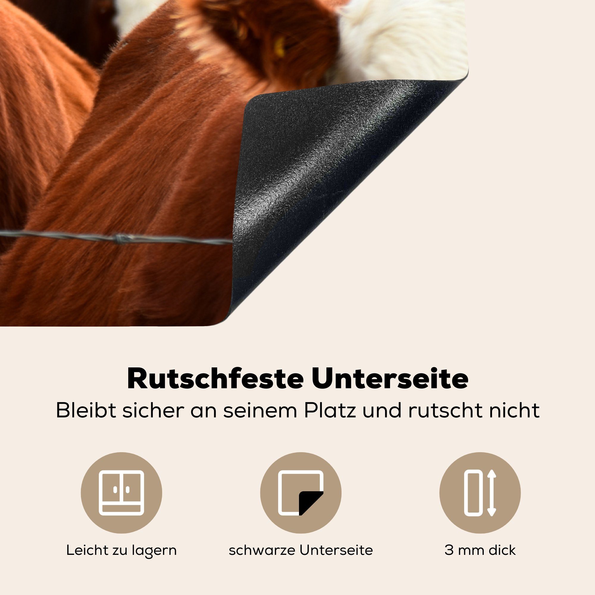 MuchoWow Herdblende-/Abdeckplatte Braun, Vinyl, tlg), die Schutz Zaun Tiere - - Ceranfeldabdeckung (1 Kuh für cm, 81x52 Induktionskochfeld küche, 