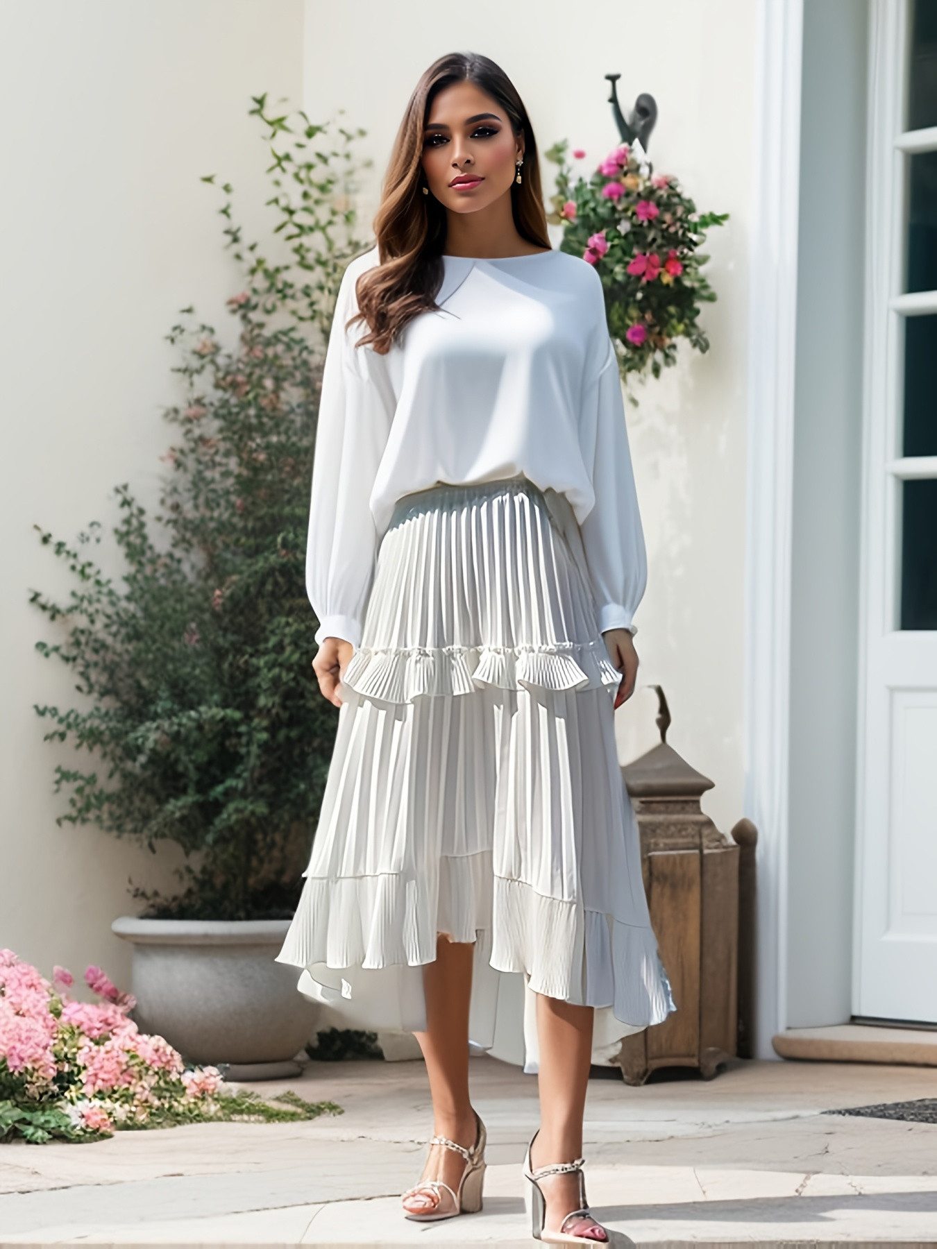 DEBAIJIA Midirock Damen Elegant mit hoher Taille Faltenrock einfarbiger