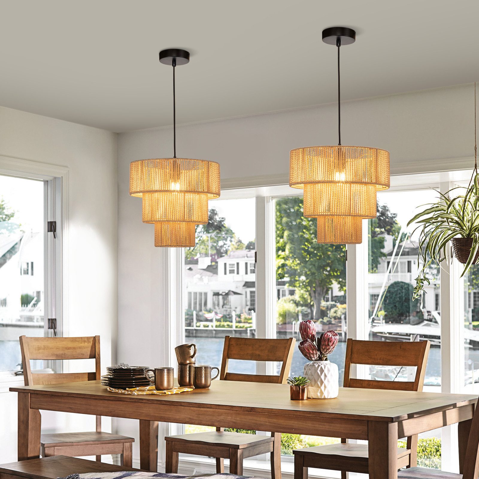 ZMH Pendelleuchte Esszimmer 1 Flammig Beige Hängeleuchte Rattan Boho für Bar Resturant, Einfache Installation, ohne Leuchtmittel, E27 Esstischlampe 150 CM Höhenverstellbar