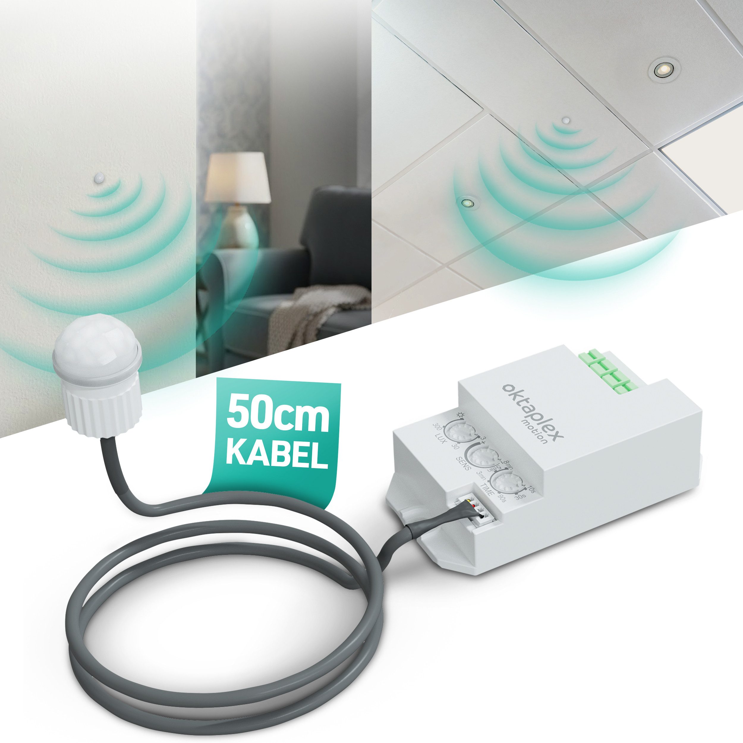 Oktaplex motion Bewegungsmelder Jana Einbau Bewegungsmelder 360 Grad Infrarot 6m Reichweite IP65, Für Decke Wand Leuchte 50 cm Kabel IP20 weiß
