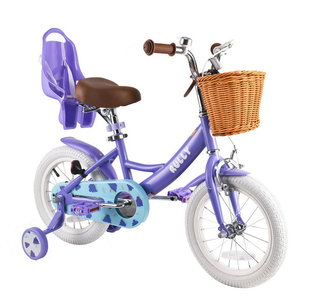 RULLY Kinderfahrrad Kinderfahrrad für Mädchen 12/14/16 Zoll, 2–7 Jahre, 1 Gang, Mit Lenkerkorb, Puppensitz und abnehmbaren Stützrädern