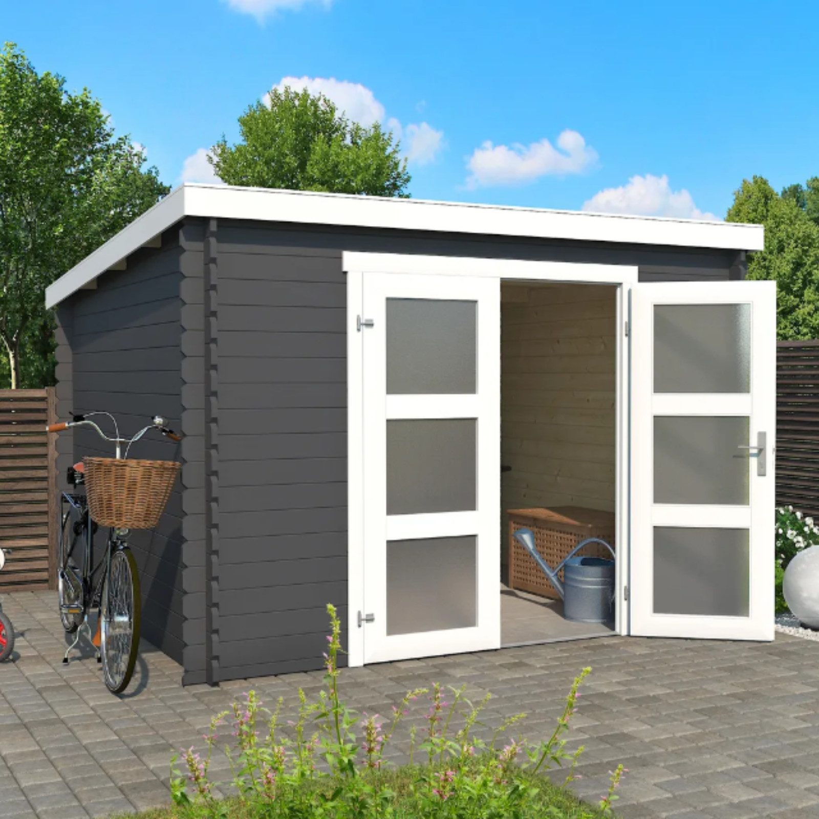 LASITA MAJA Gartenhaus Gartenhaus Blockbohlenhaus, Geräteschuppen, Gartenhütte,Holzhaus, BxT: 312x319 cm, Wetterfest, langlebig und in elegantem Carbongrau behandelt