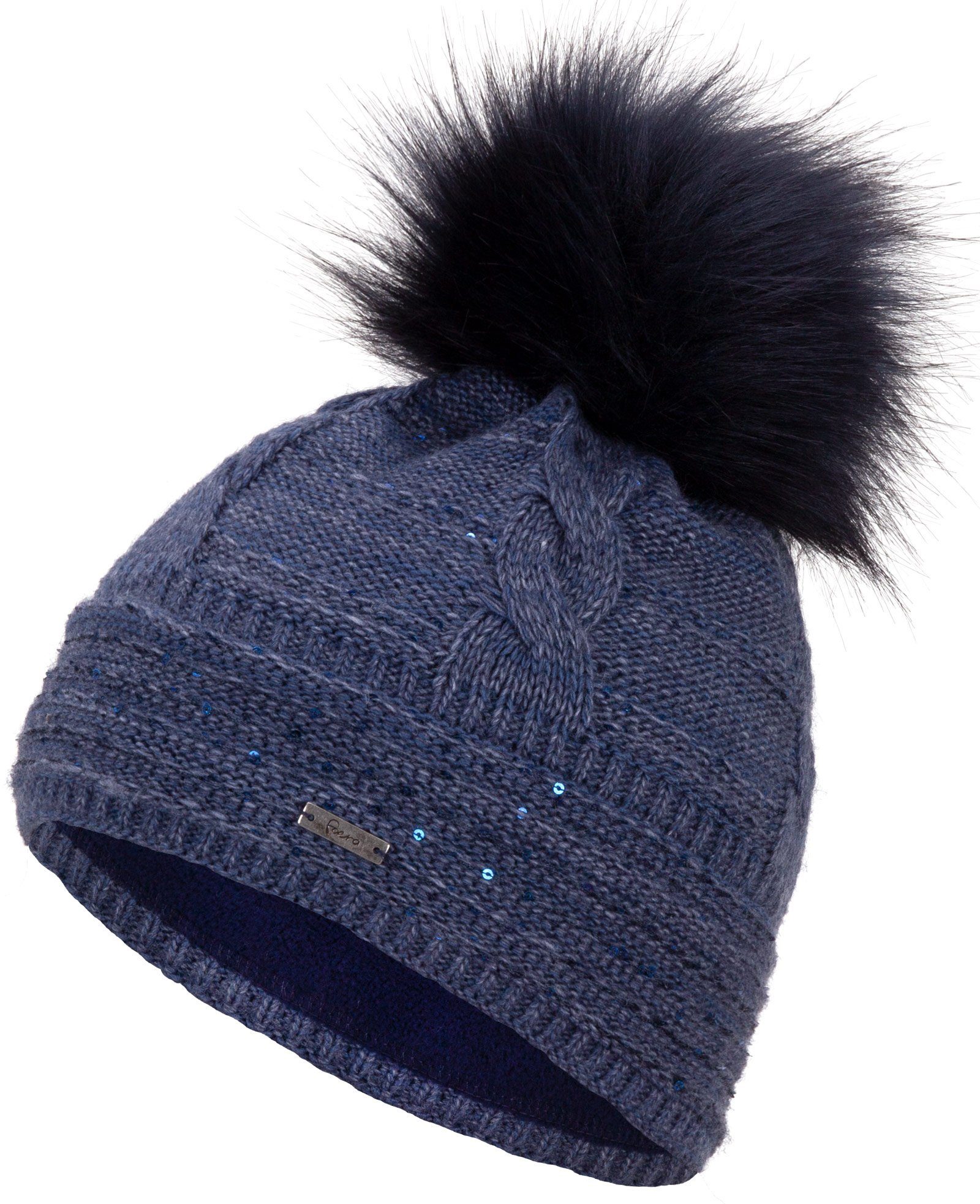 Pailletten Faera Beanie gefüttert Strickmütze Mütze Wintermütze Bommelmütze jeansblau Damen Haube