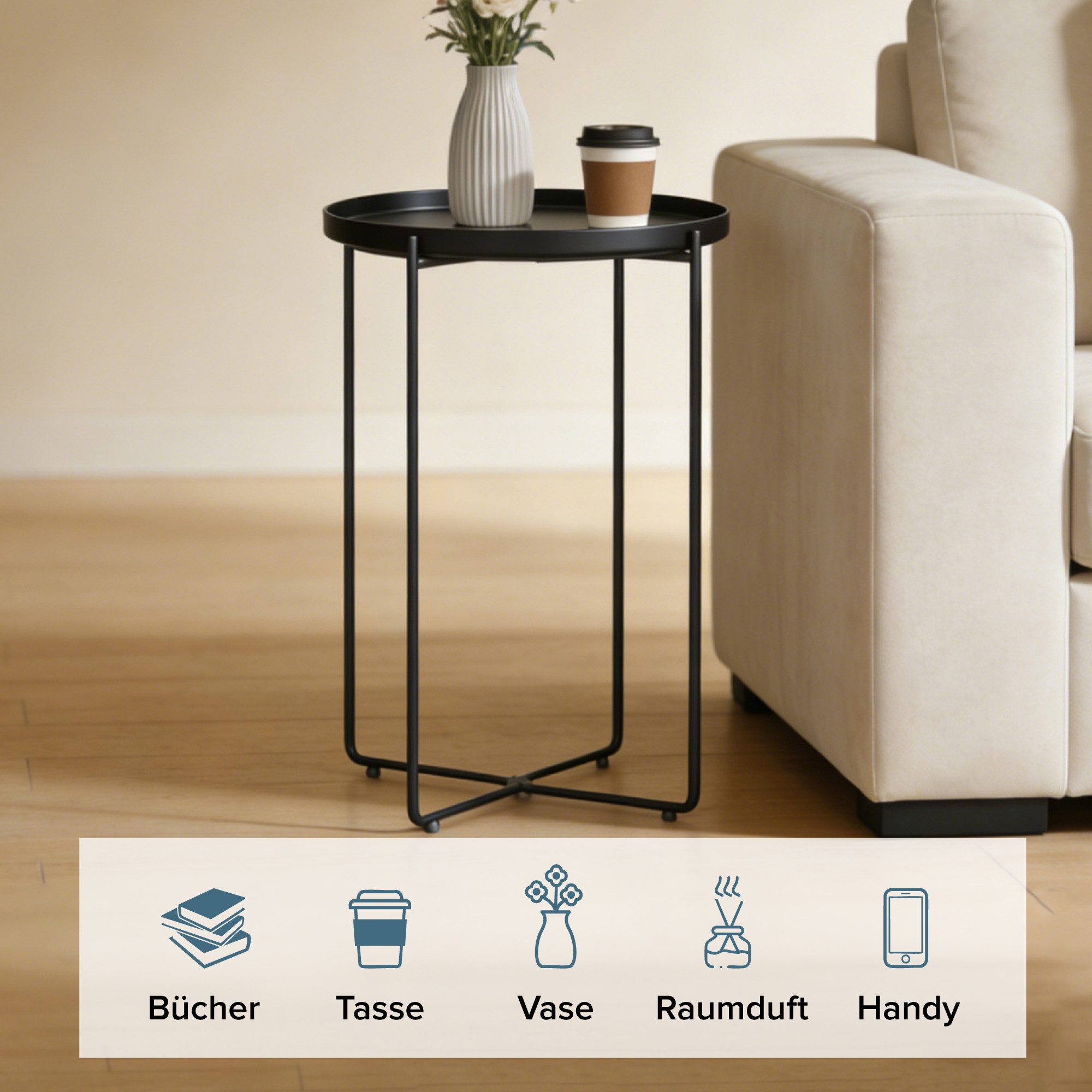 doporro Beistelltisch Couchtisch kleiner Tisch mit 1/2 geflochtenen Ablagen rund Reglo-08, Zwei Materialien zur Auswahl – Bild 4 von 5