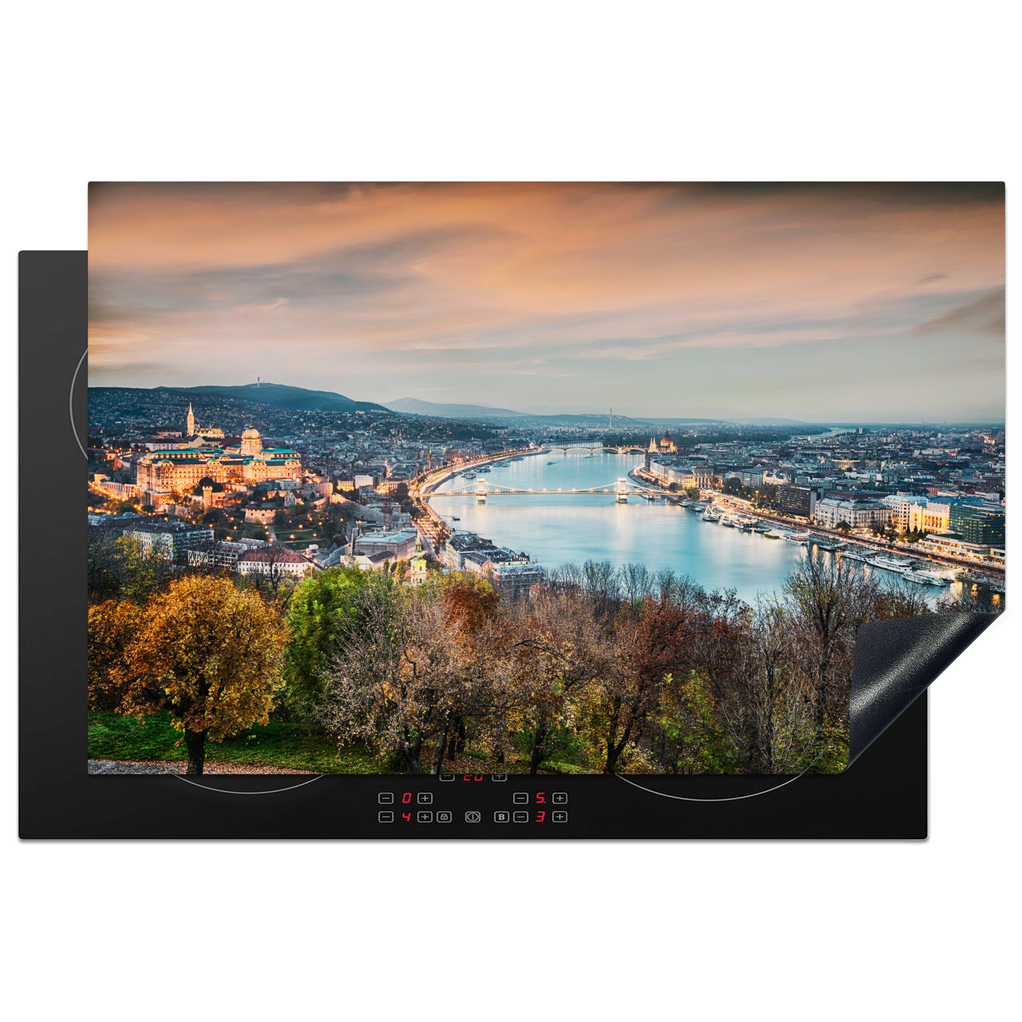 MuchoWow Herdblende-/Abdeckplatte Skyline von Budapest in Ungarn am Abend, Vinyl, (1 tlg), 81x52 cm, Induktionskochfeld Schutz für die küche, Ceranfeldabdeckung