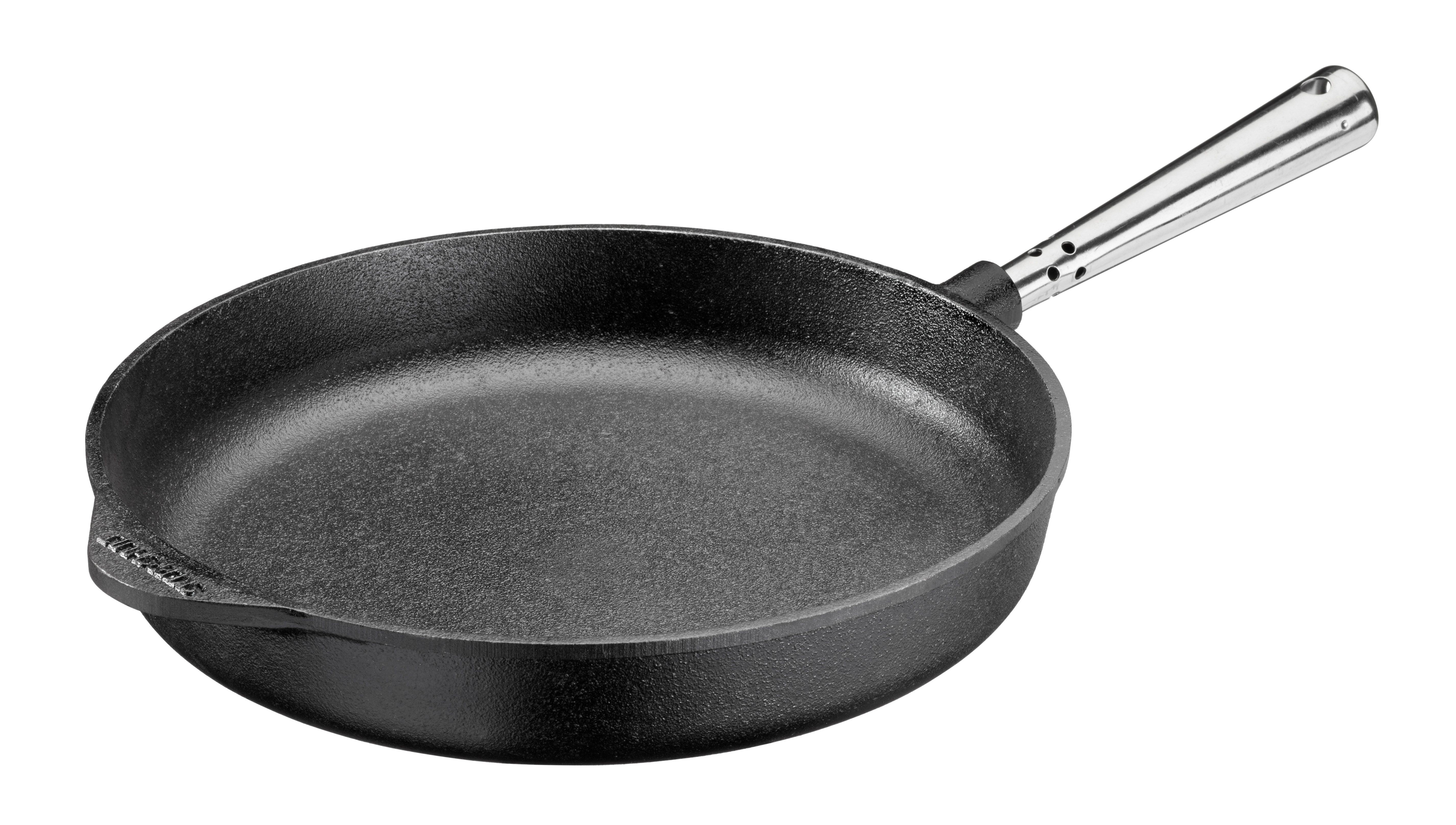 Dekomiro Bratpfanne Guss Pfanne SK-0005 mit Edelstahlgriff - Skeppshult - 28 cm, Gusseisen (Set, 1-tlg., 1 Gusspfanne mit Reinignugsbürste), edelstahl Griff, alle Herdarten, Induktion, Gas, Backofen, Grill