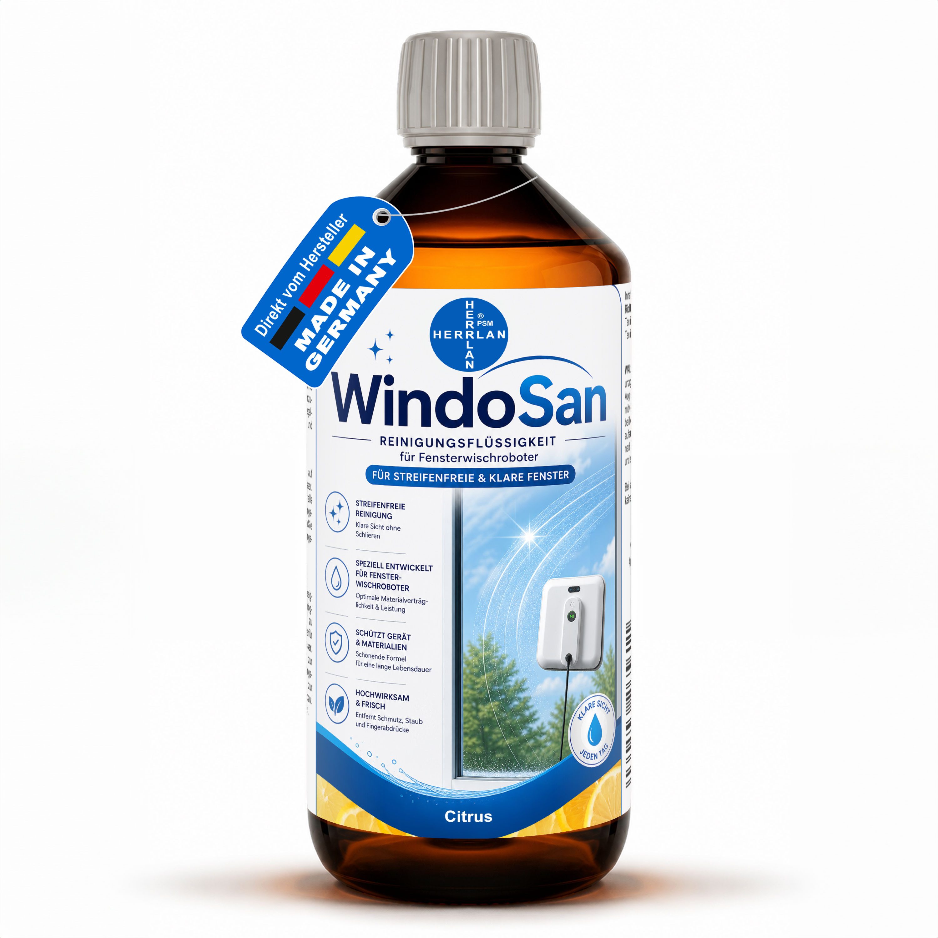 HERRLAN Fensterreiniger WindoSan Reinigungsmittel für Fensterroboter, (1000 ml Citrus) für alle gängigen Fensterputzroboter, Fensterwischroboter.