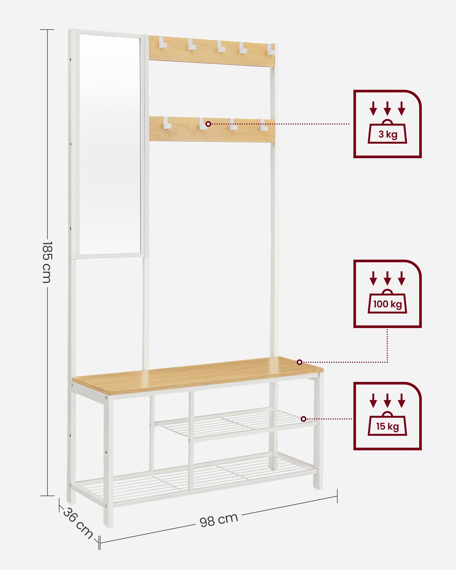 Garderobe, Spiegel, mit Garderobenständer Sitzfläche VASAGLE Eichenfarben-Weiß Schuhregal