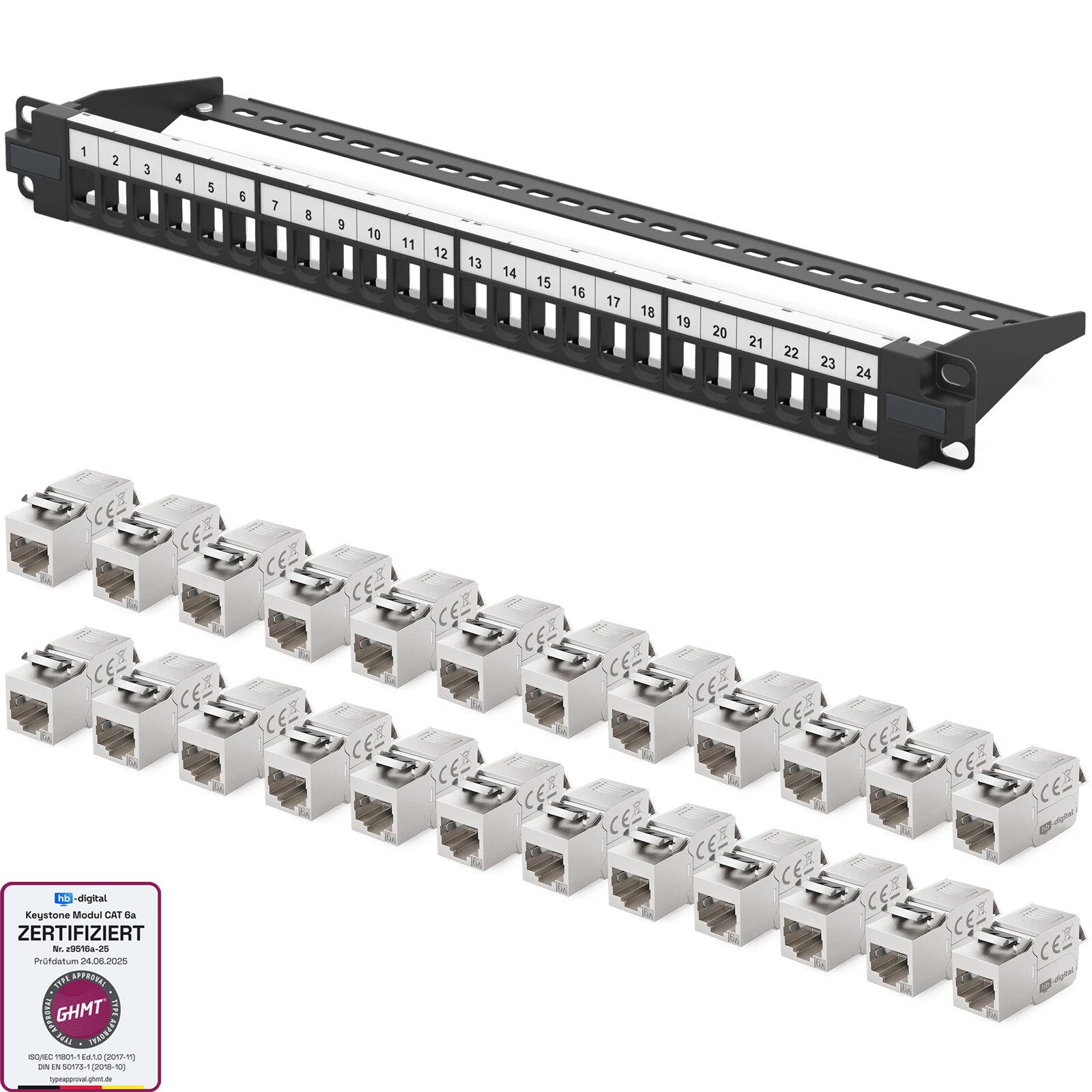 HB-DIGITAL Patchpanel 19 zoll 24-Port mit CAT 6a Keystone Module schwarz 1HE Netzwerk-Panel (24 Port CAT 6a, 1 HE, mit Cat 6a Keystone Modul RJ45)