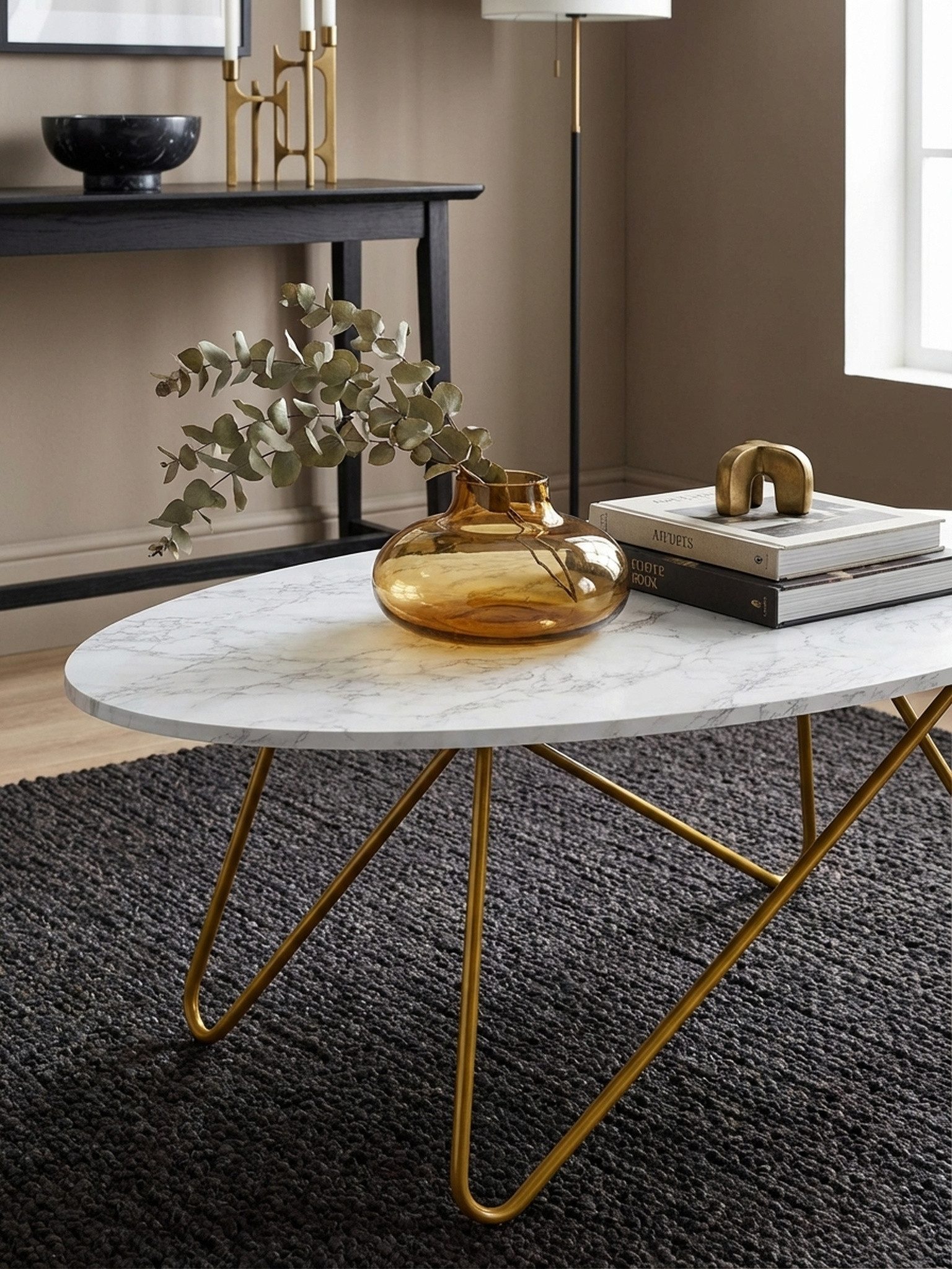 KADIMA DESIGN Couchtisch Couchtisch 120x40x60 cm mit Marmor Optik Weiß, Wohnzimmertisch mit, Metall-Gestell, Sofatisch Oval Tisch Wohnzimmer, Loungetisch