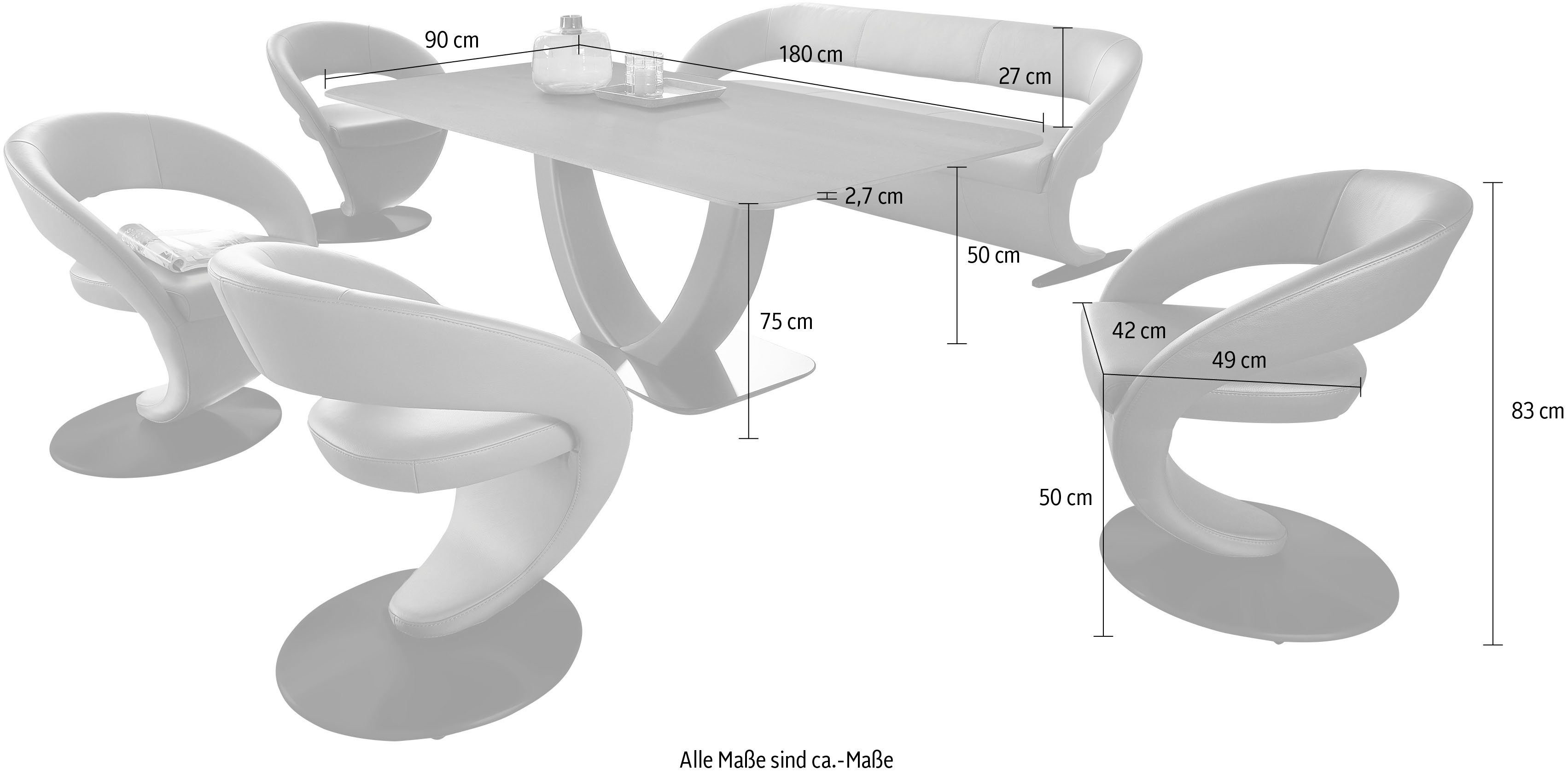 (Set), Design-Solobank mit Wohnen & 180x90cm in Essgruppe Komfort Wave, 4 Tisch Design-Drehstühlen und K+W