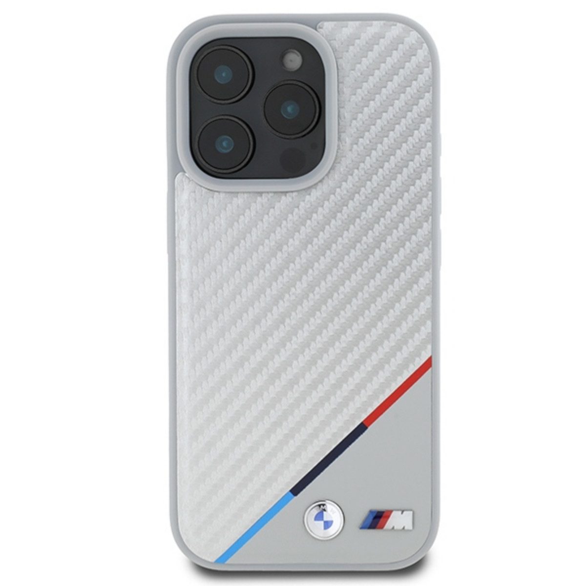 BMW Handyhülle Carbon Tricolor mit Magnetfunktion Kompatibel mit iPhone 16 Pro Grau 6,3, Carbonhülle mit Tricolor Linie integrierter Magnetfunktion Rahmen
