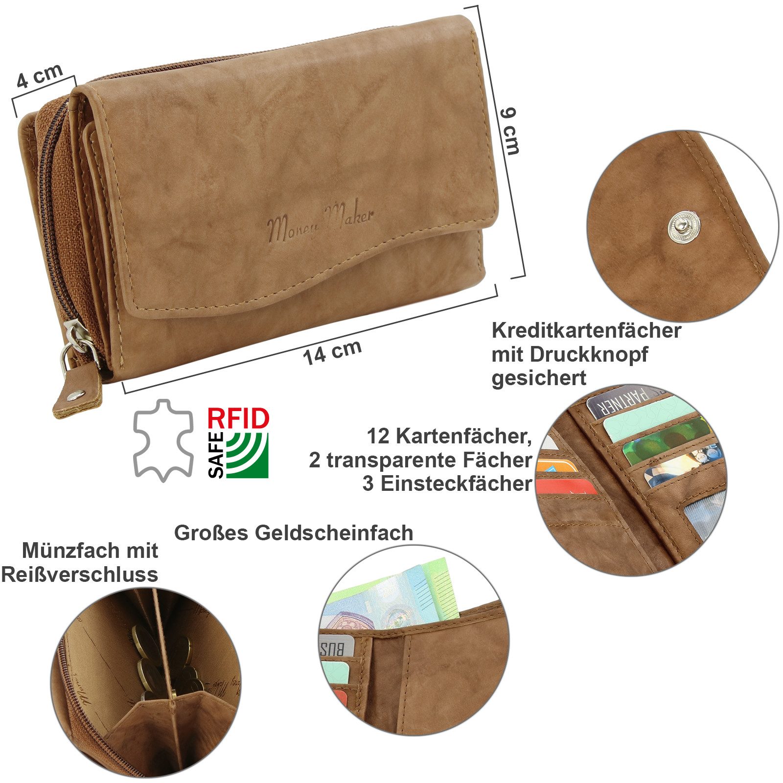 Money Maker Geldbörse Große Damen Leder Portmonee Geldbeutel, RFID-Schutz, viel Kartenfächer, Druckknopfverschluss und Reißverschluss