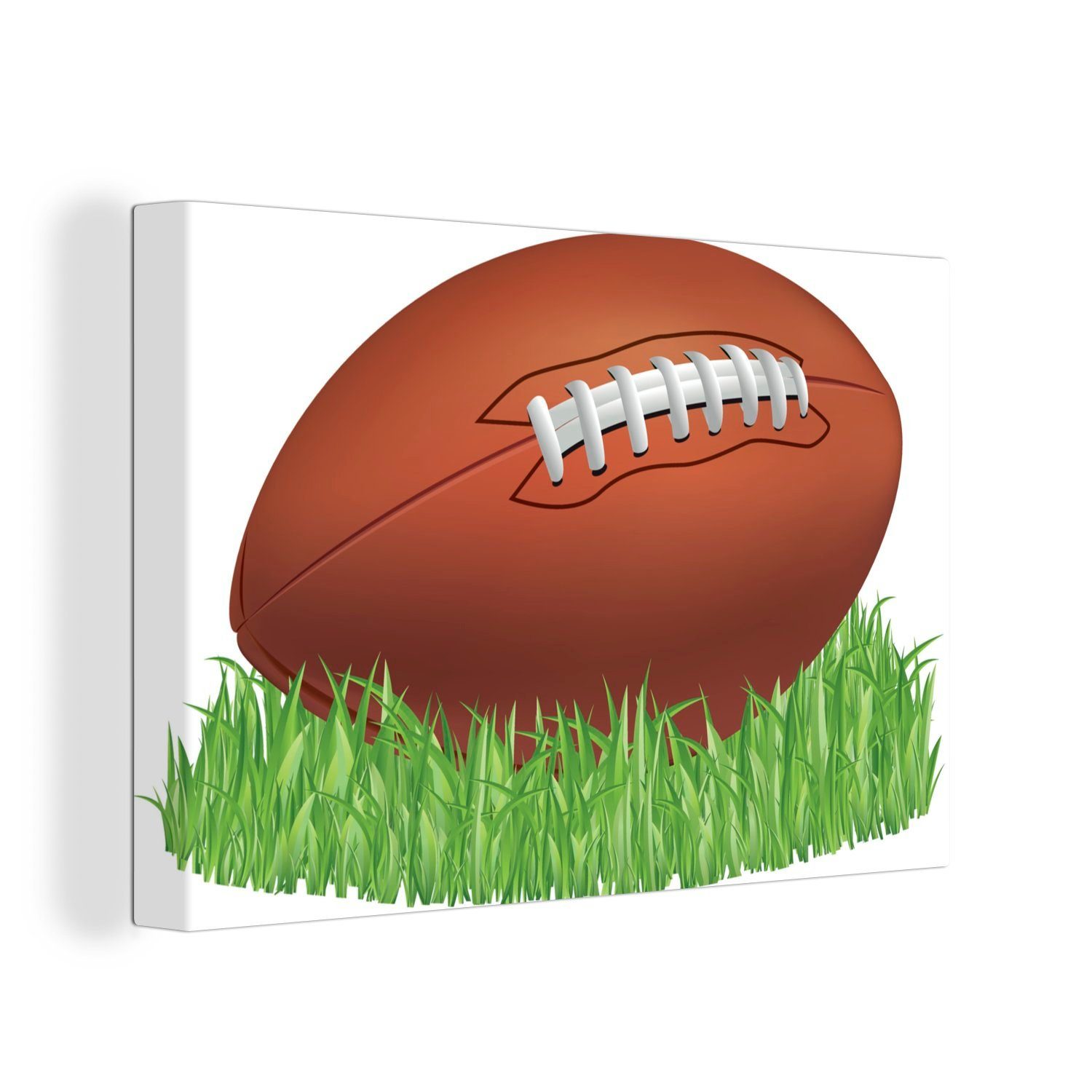 OneMillionCanvasses® Leinwandbild Eine Illustration eines Rugbyballs im Gras, (1 St), Wandbild Leinwandbilder, Aufhängefertig, Wanddeko, 30x20 cm