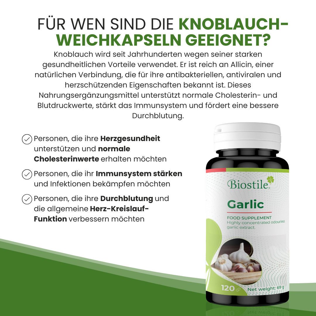 Biostile Biostile Knoblauchextrakt geruchsfrei für die tägliche Routine - Kapseln, 69 g, Ohne Knoblauchgeruch, aus 2 g frischem Knoblauch, 120 Stück