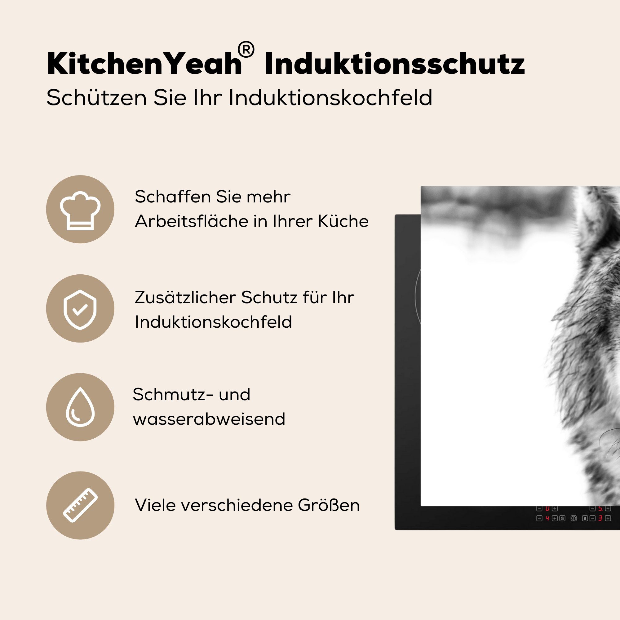 MuchoWow Herdblende-/Abdeckplatte Wolf im für Ceranfeldabdeckung, küche tlg), in Winter cm, Vinyl, (1 und Schwarz Weiß, 83x51 Arbeitsplatte