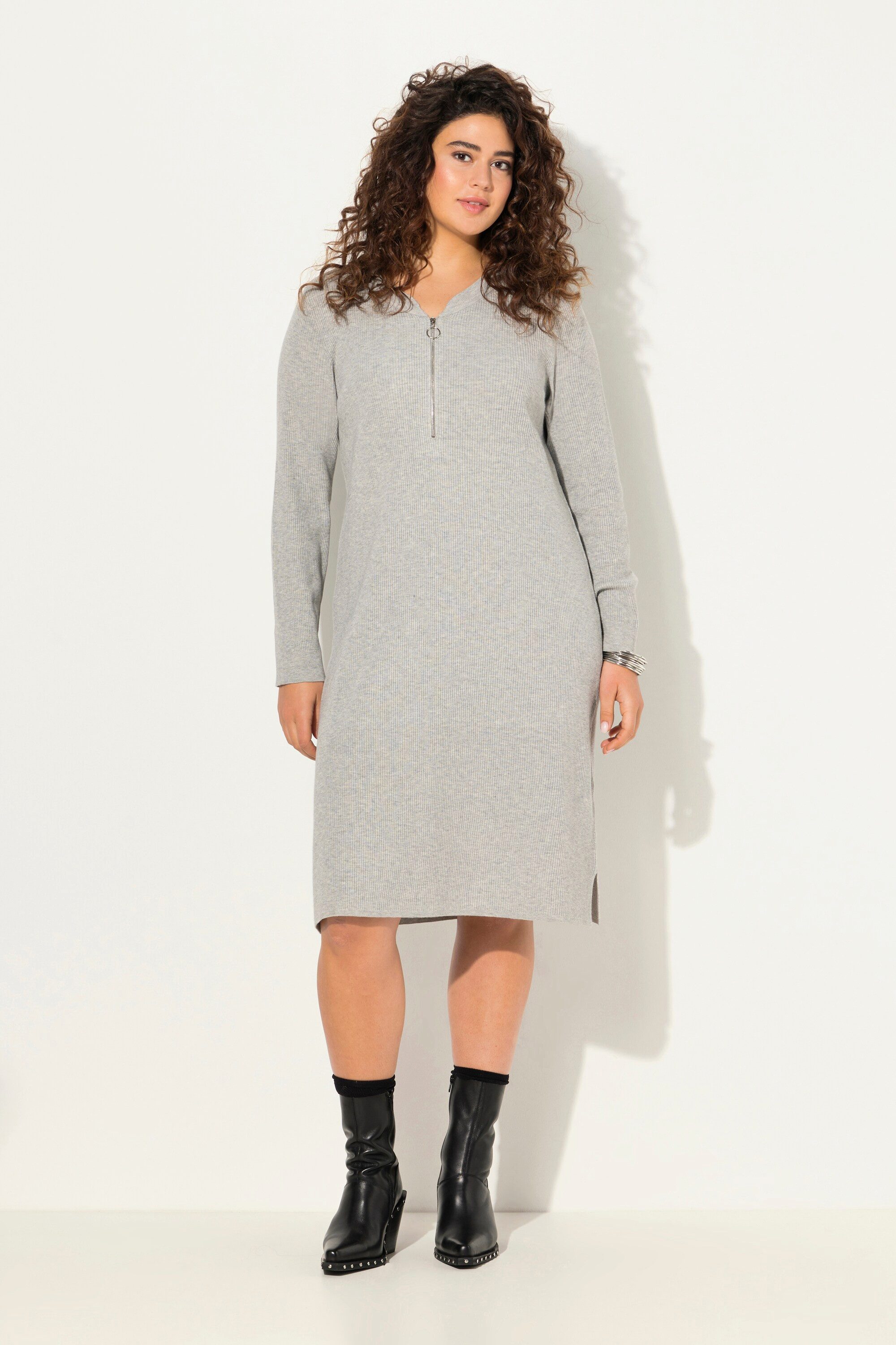 Ulla Popken Strickkleid Rippjersey-Midikleid Zipper A-Linie günstig online kaufen