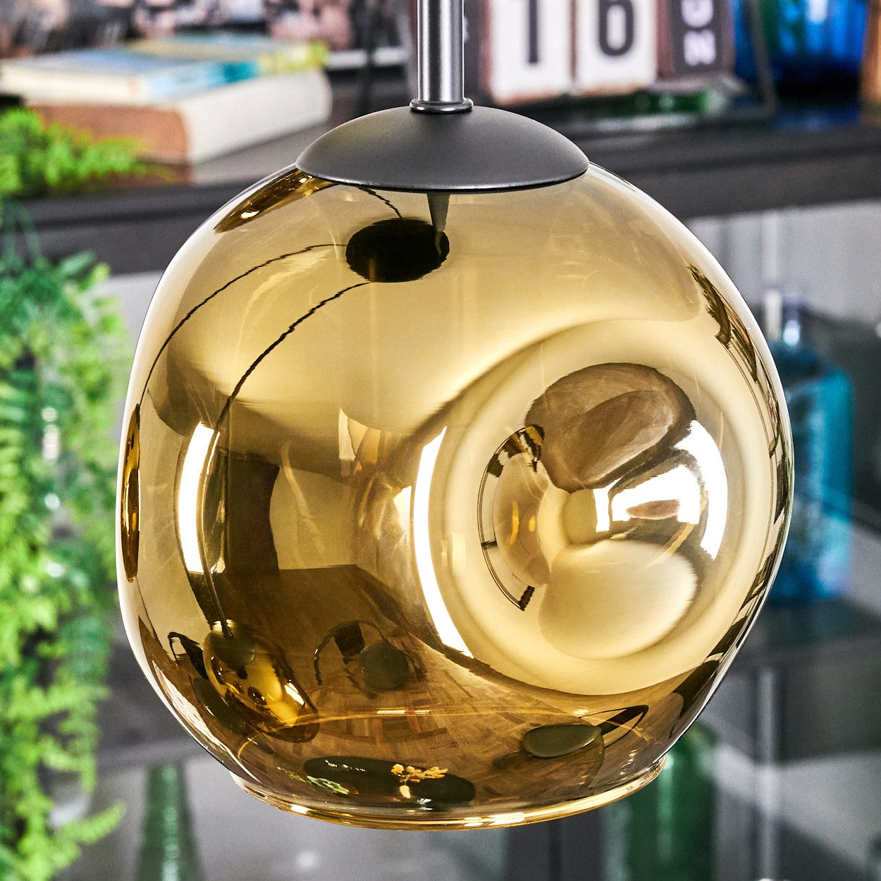 hofstein Hängeleuchte Hängelampe aus Metall/Glas in Schwarz/Goldfarben, Hängeleuchte im modernen Retro/Vintage-Design (15 cm), 4 x E27